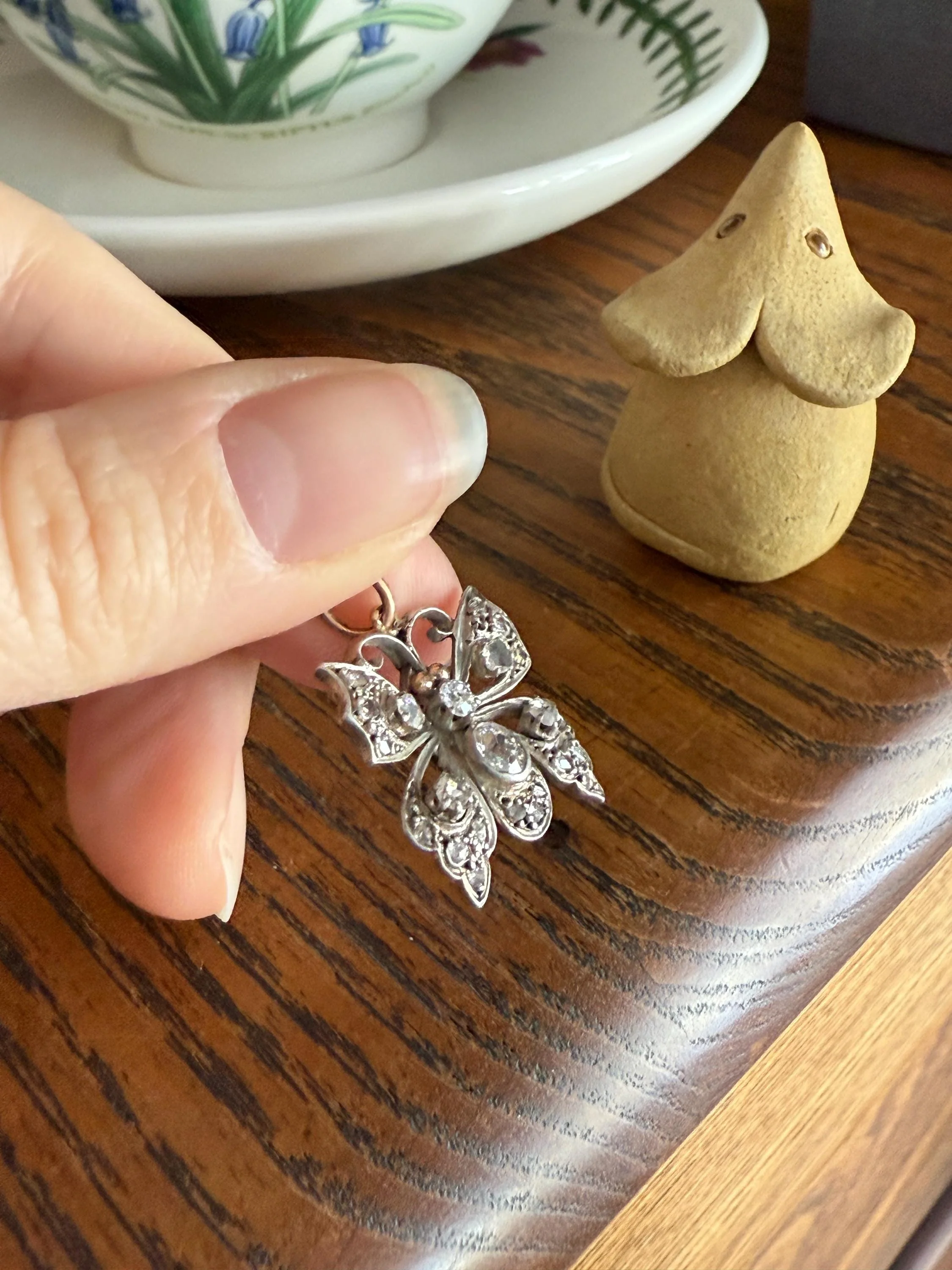 BUTTERFLY Victorian Antique Figural 18k Gold Solid Silver Old Mine Rose Cut Diamond French Belle Epoque Pendant - Image 11