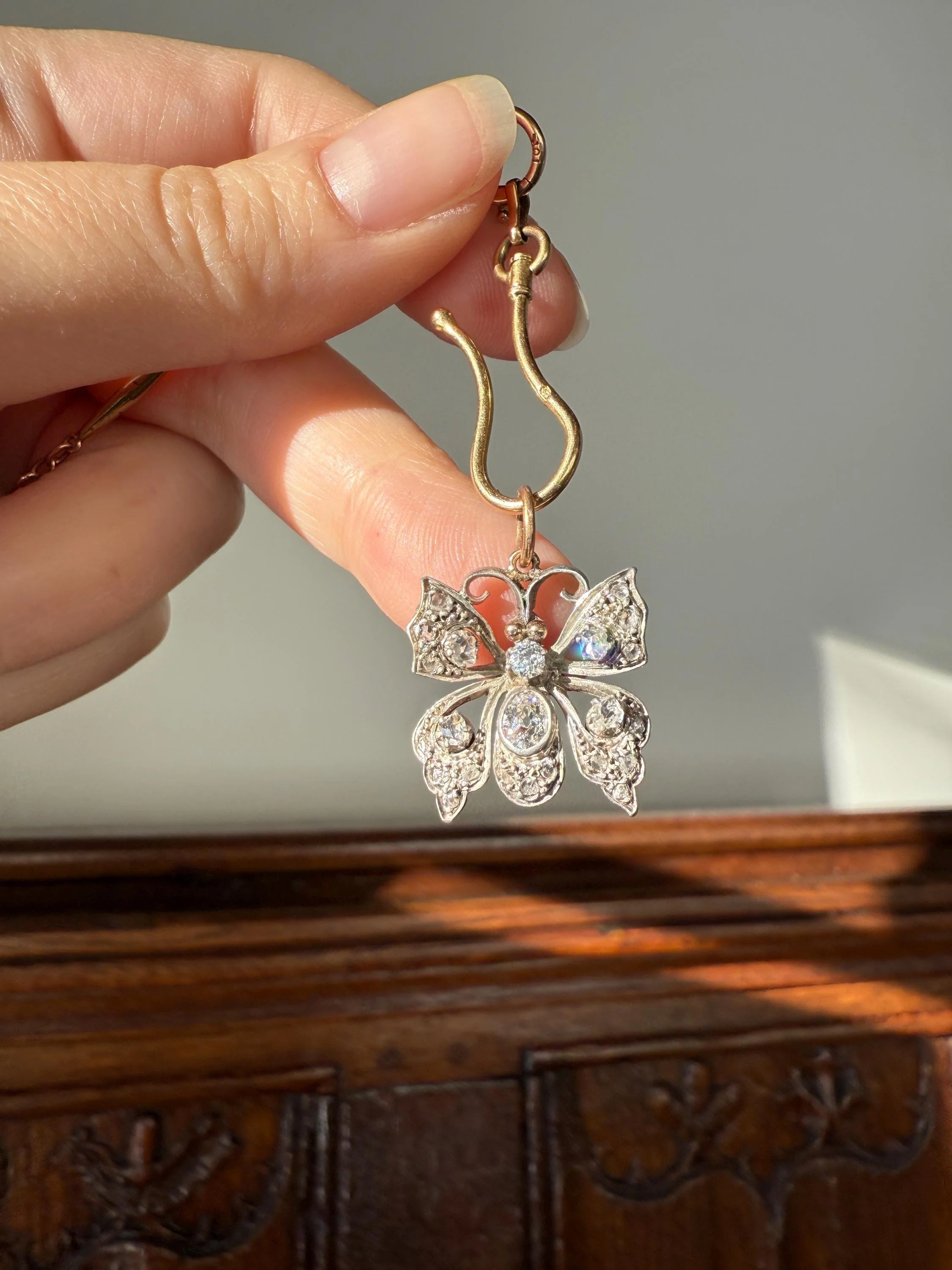 BUTTERFLY Victorian Antique Figural 18k Gold Solid Silver Old Mine Rose Cut Diamond French Belle Epoque Pendant - Image 12