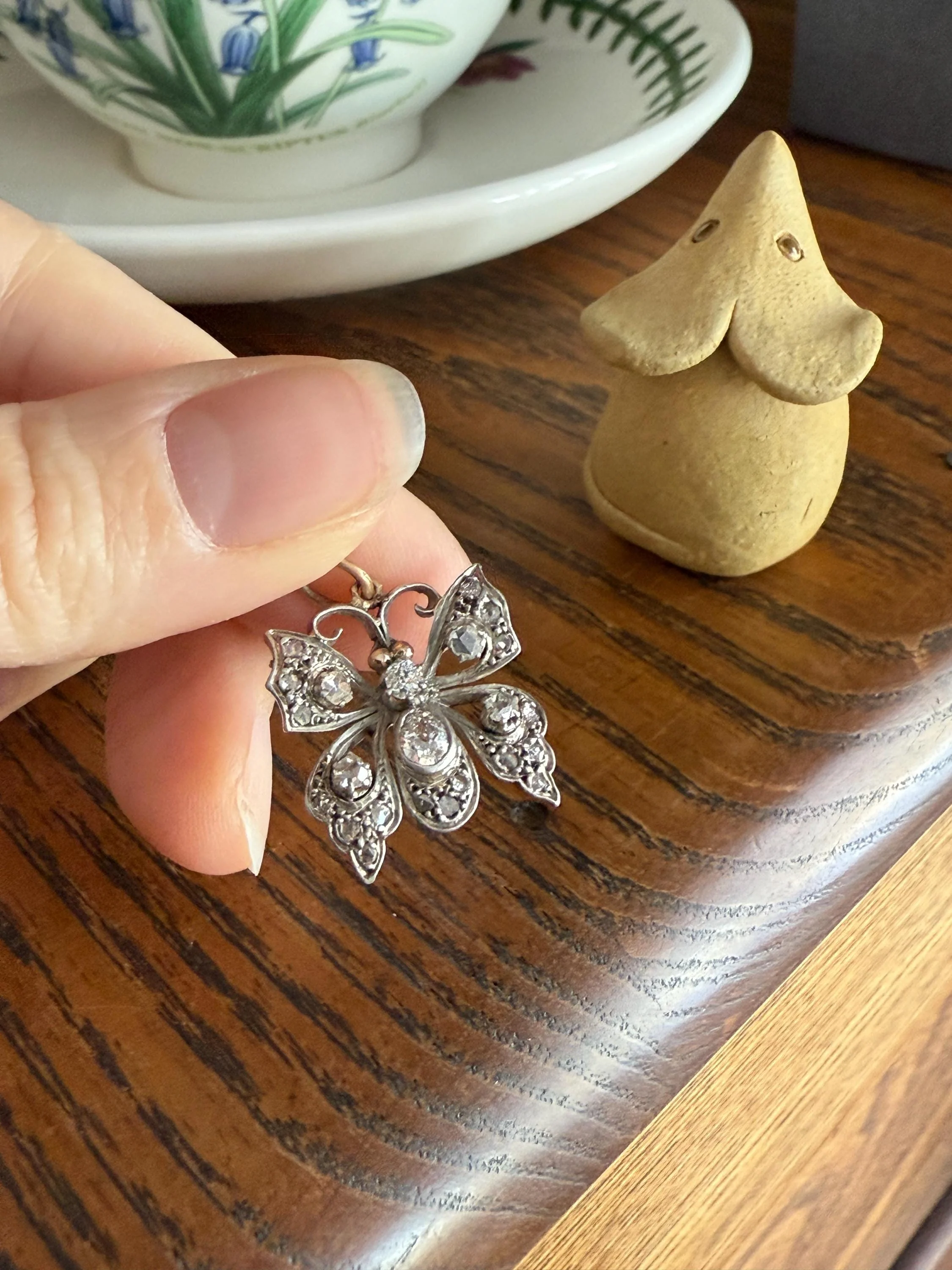 BUTTERFLY Victorian Antique Figural 18k Gold Solid Silver Old Mine Rose Cut Diamond French Belle Epoque Pendant - Image 14