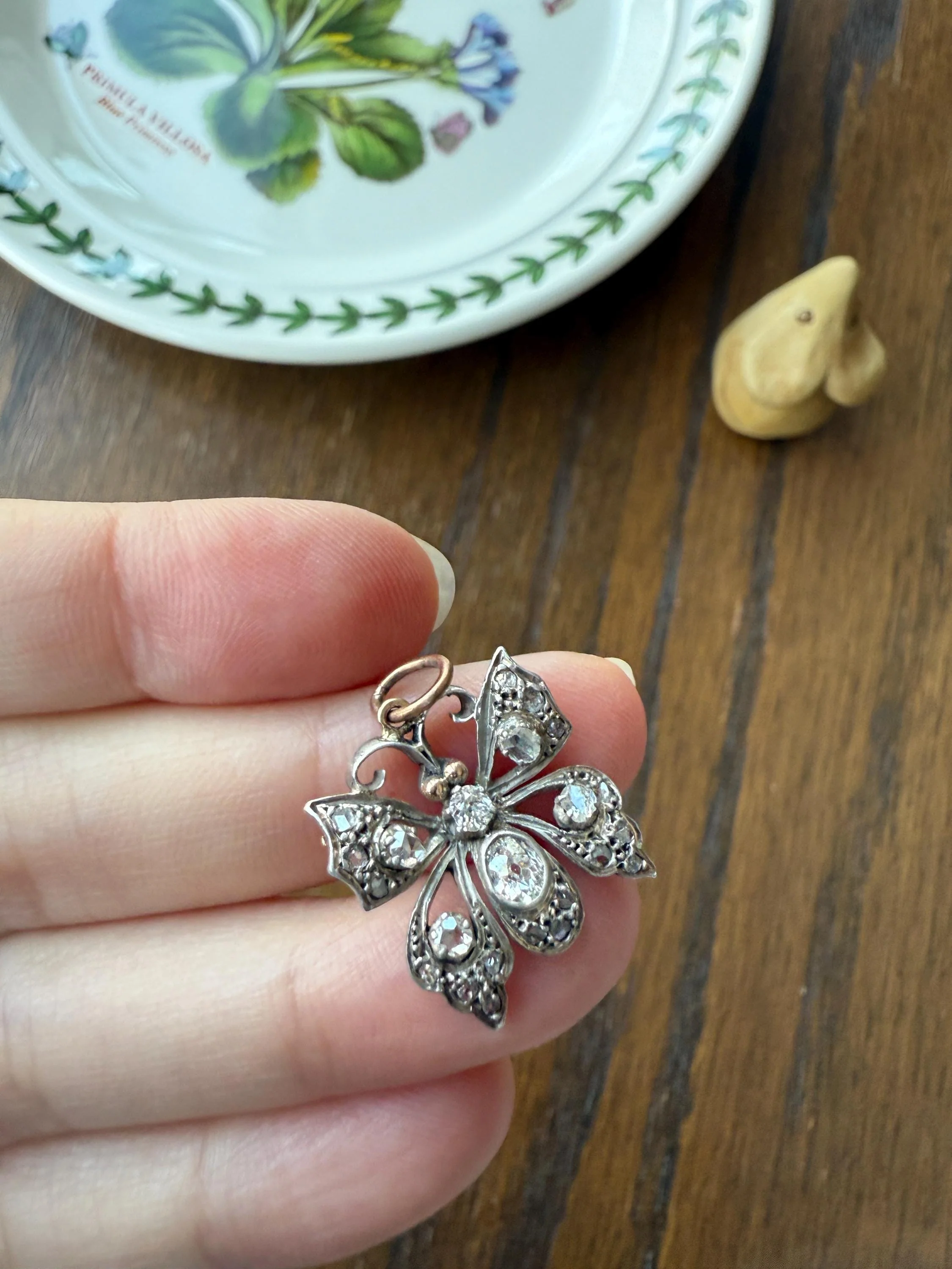 BUTTERFLY Victorian Antique Figural 18k Gold Solid Silver Old Mine Rose Cut Diamond French Belle Epoque Pendant - Image 15