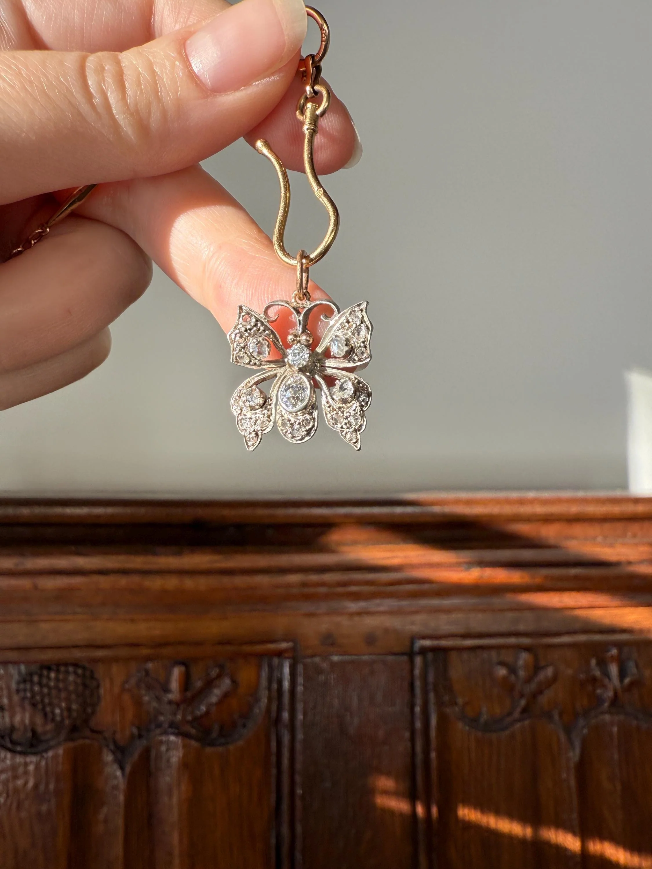 BUTTERFLY Victorian Antique Figural 18k Gold Solid Silver Old Mine Rose Cut Diamond French Belle Epoque Pendant - Image 16