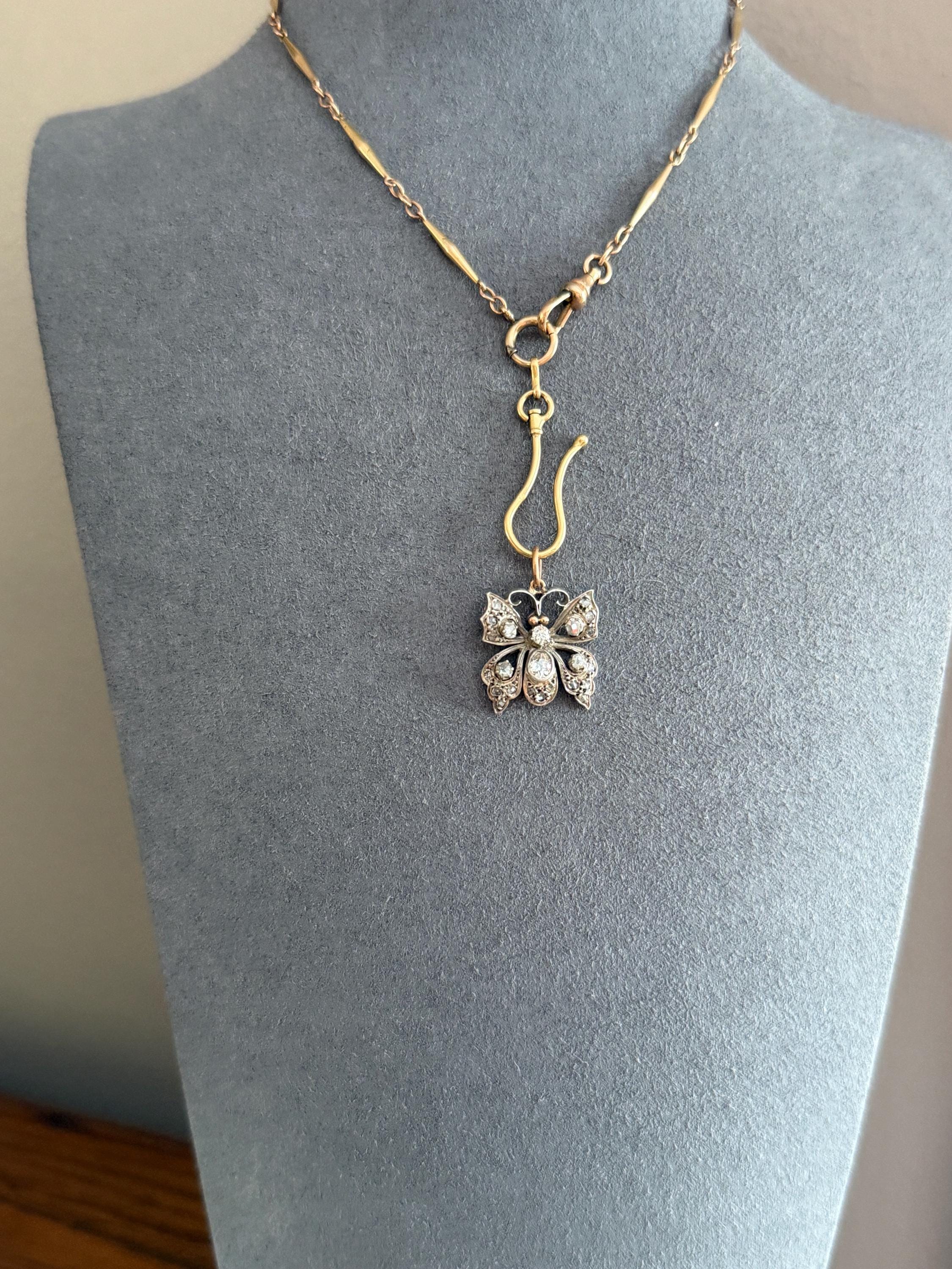 BUTTERFLY Victorian Antique Figural 18k Gold Solid Silver Old Mine Rose Cut Diamond French Belle Epoque Pendant - Image 17