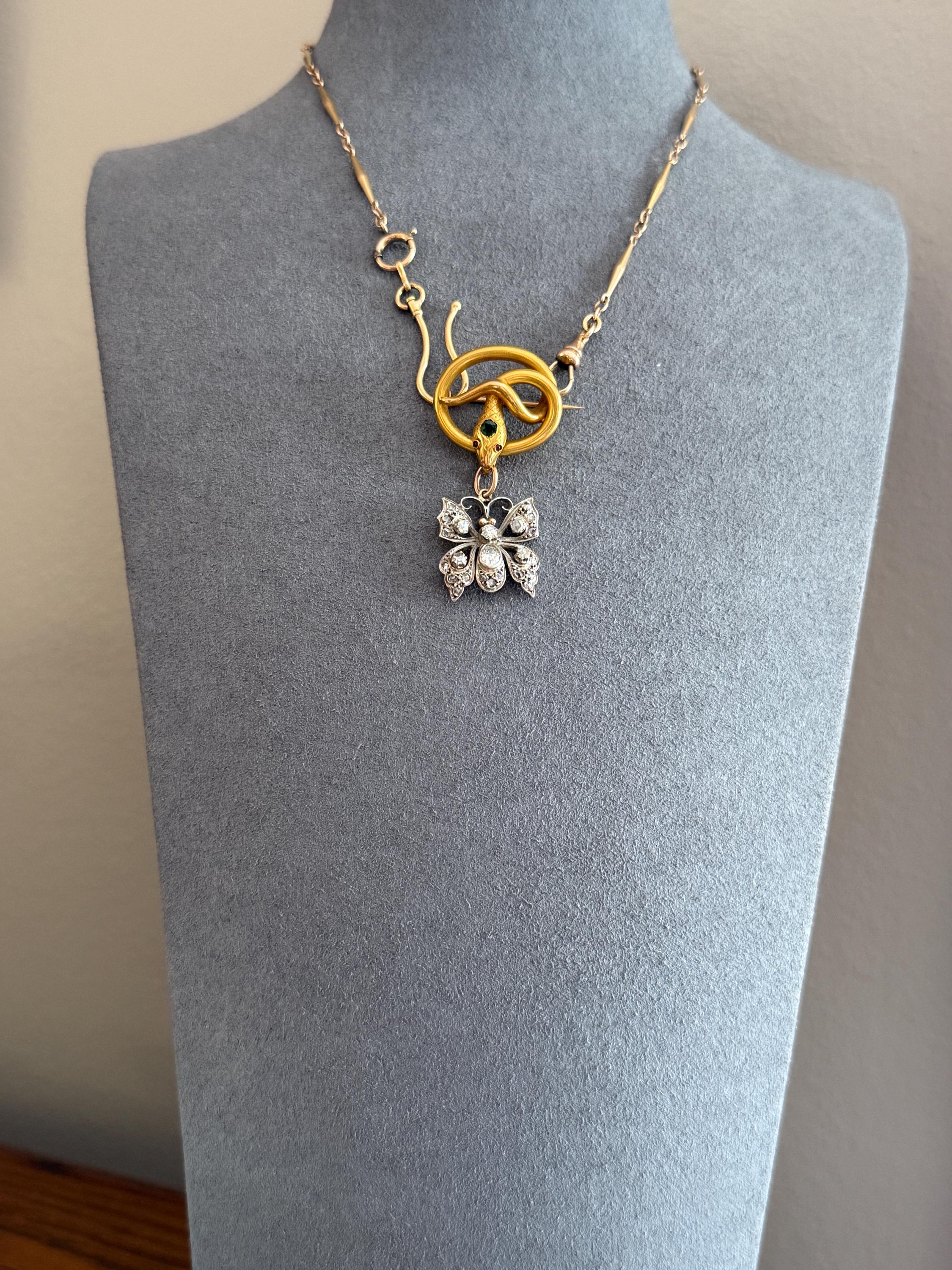 BUTTERFLY Victorian Antique Figural 18k Gold Solid Silver Old Mine Rose Cut Diamond French Belle Epoque Pendant - Image 2