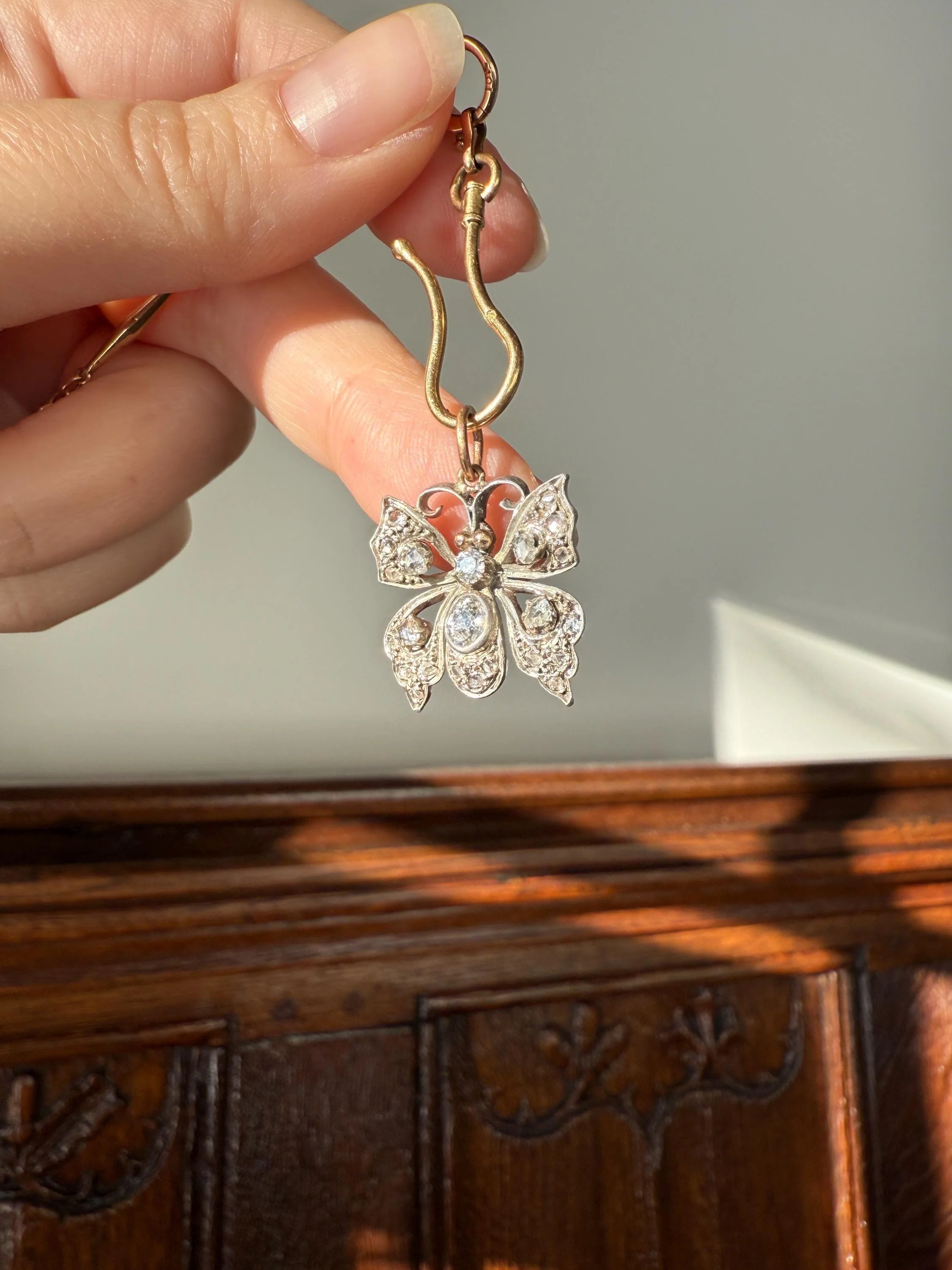 BUTTERFLY Victorian Antique Figural 18k Gold Solid Silver Old Mine Rose Cut Diamond French Belle Epoque Pendant - Image 5