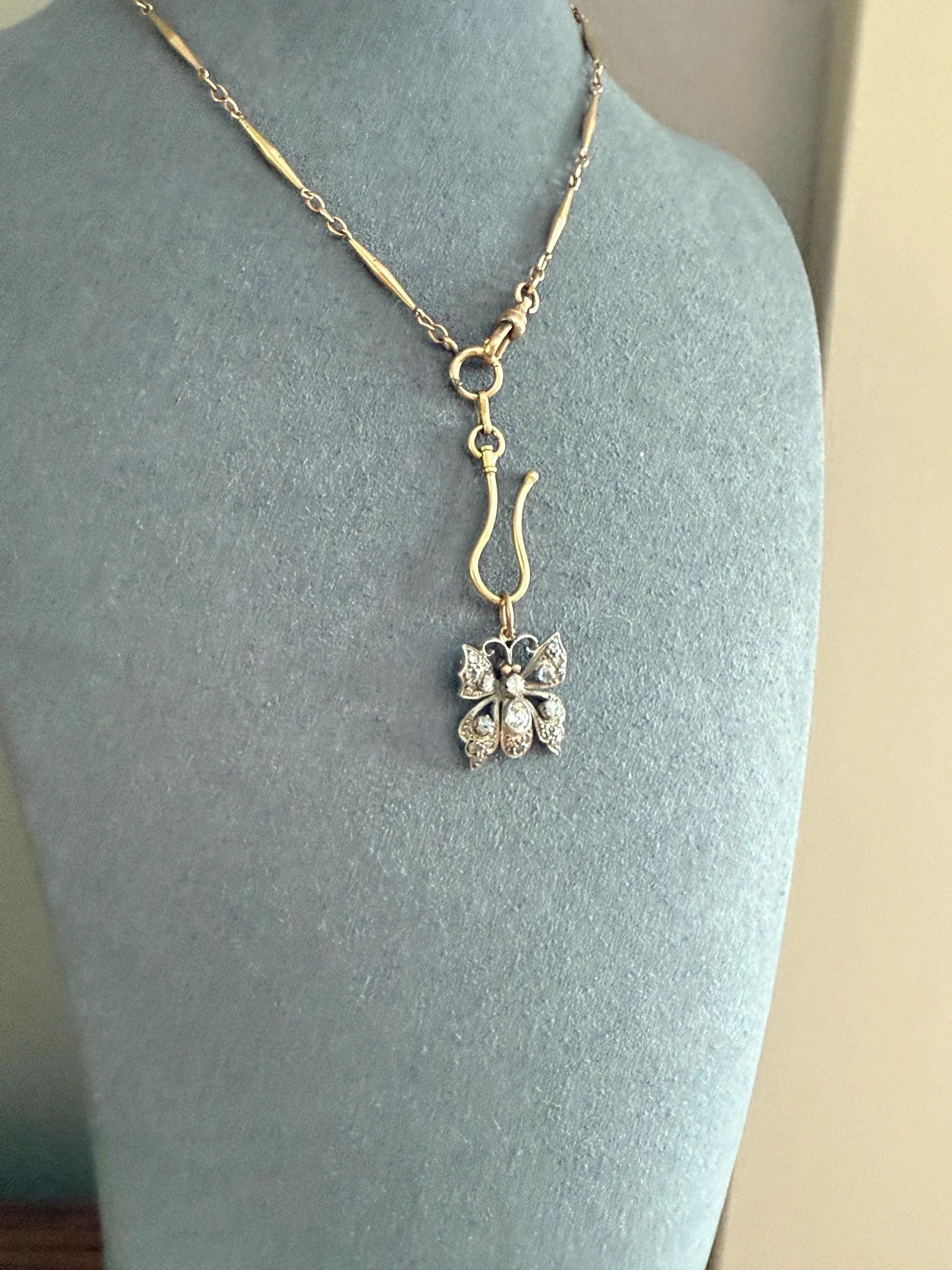 BUTTERFLY Victorian Antique Figural 18k Gold Solid Silver Old Mine Rose Cut Diamond French Belle Epoque Pendant - Image 6