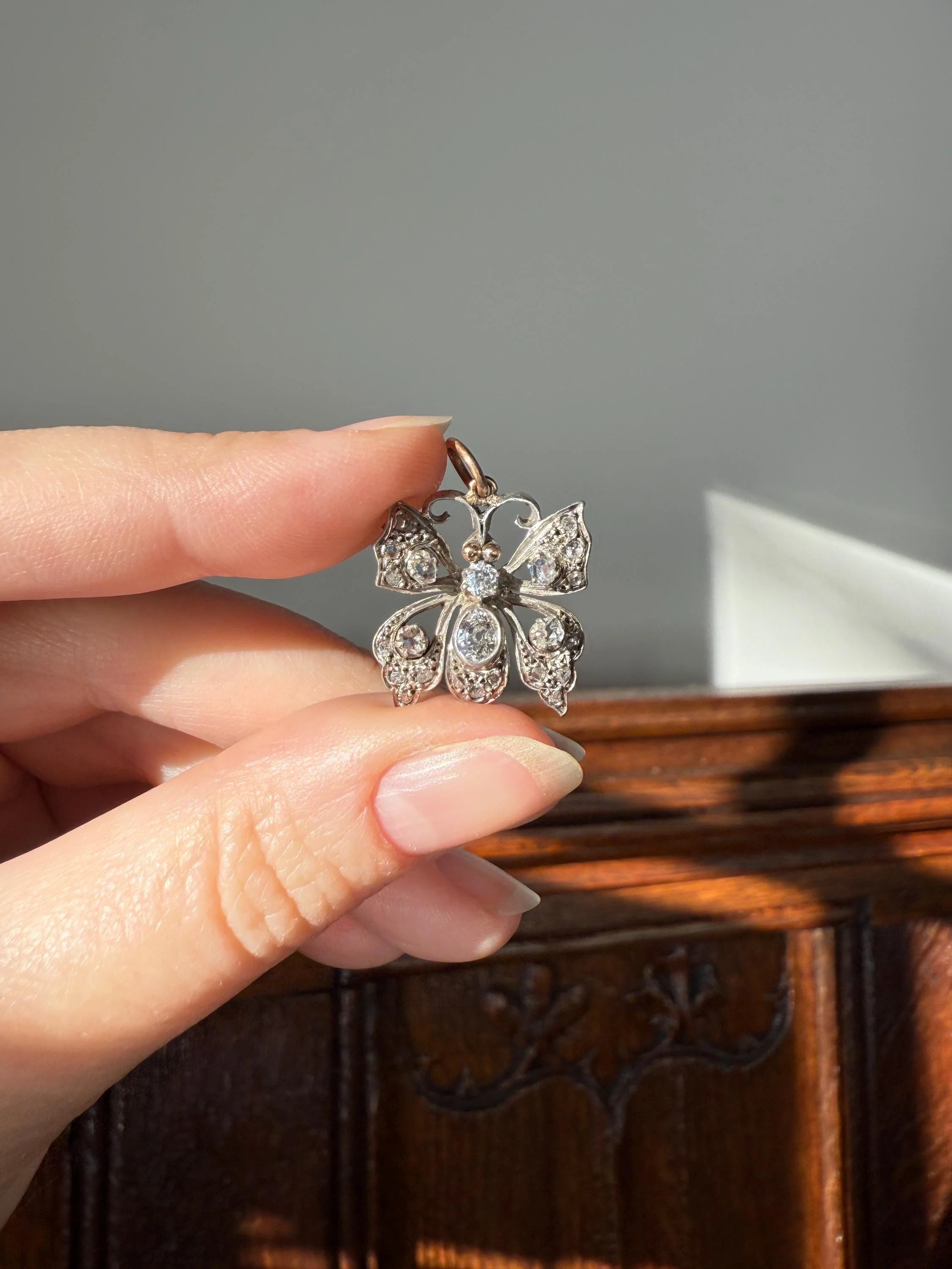 BUTTERFLY Victorian Antique Figural 18k Gold Solid Silver Old Mine Rose Cut Diamond French Belle Epoque Pendant - Image 7