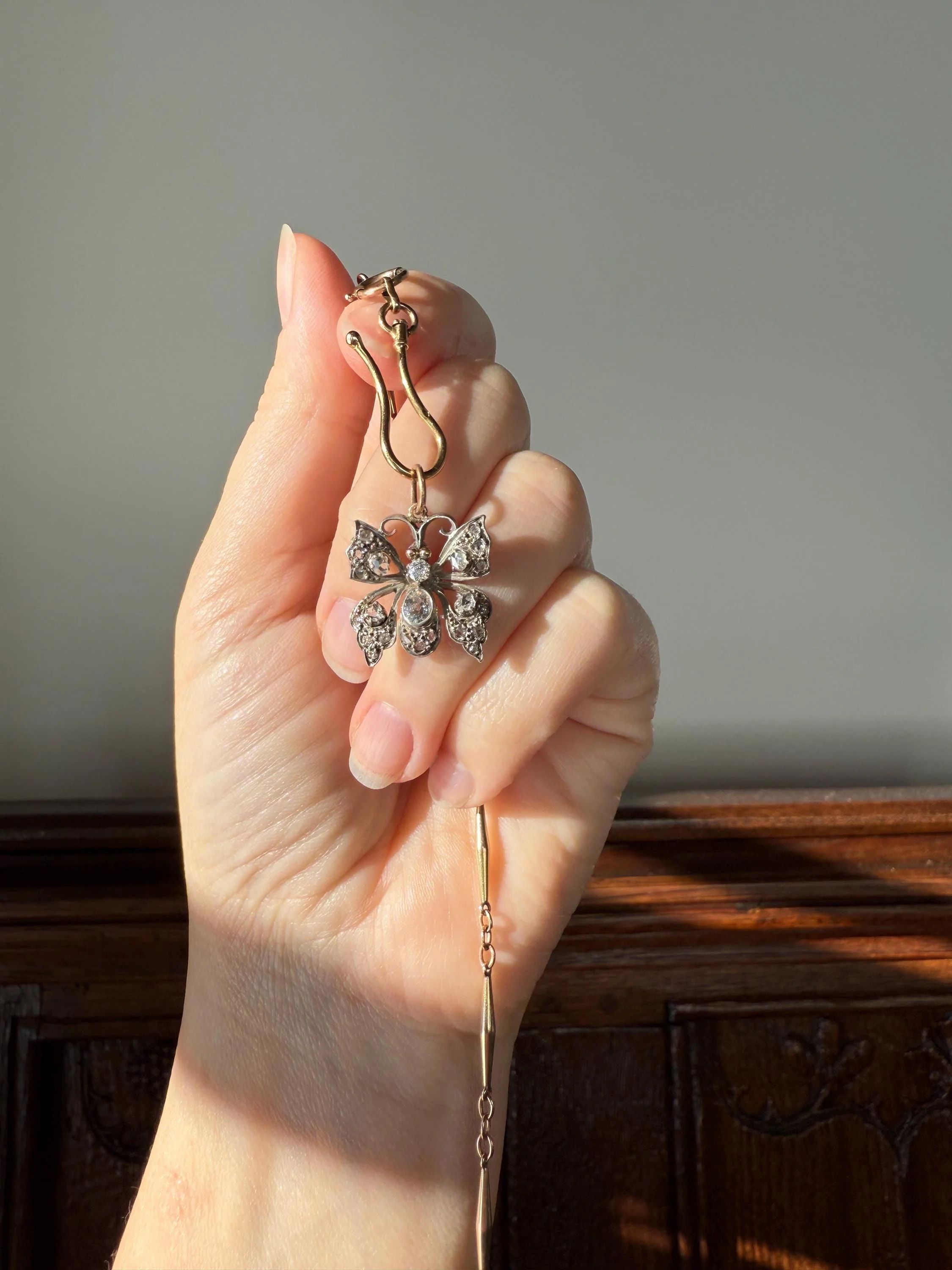 BUTTERFLY Victorian Antique Figural 18k Gold Solid Silver Old Mine Rose Cut Diamond French Belle Epoque Pendant - Image 8