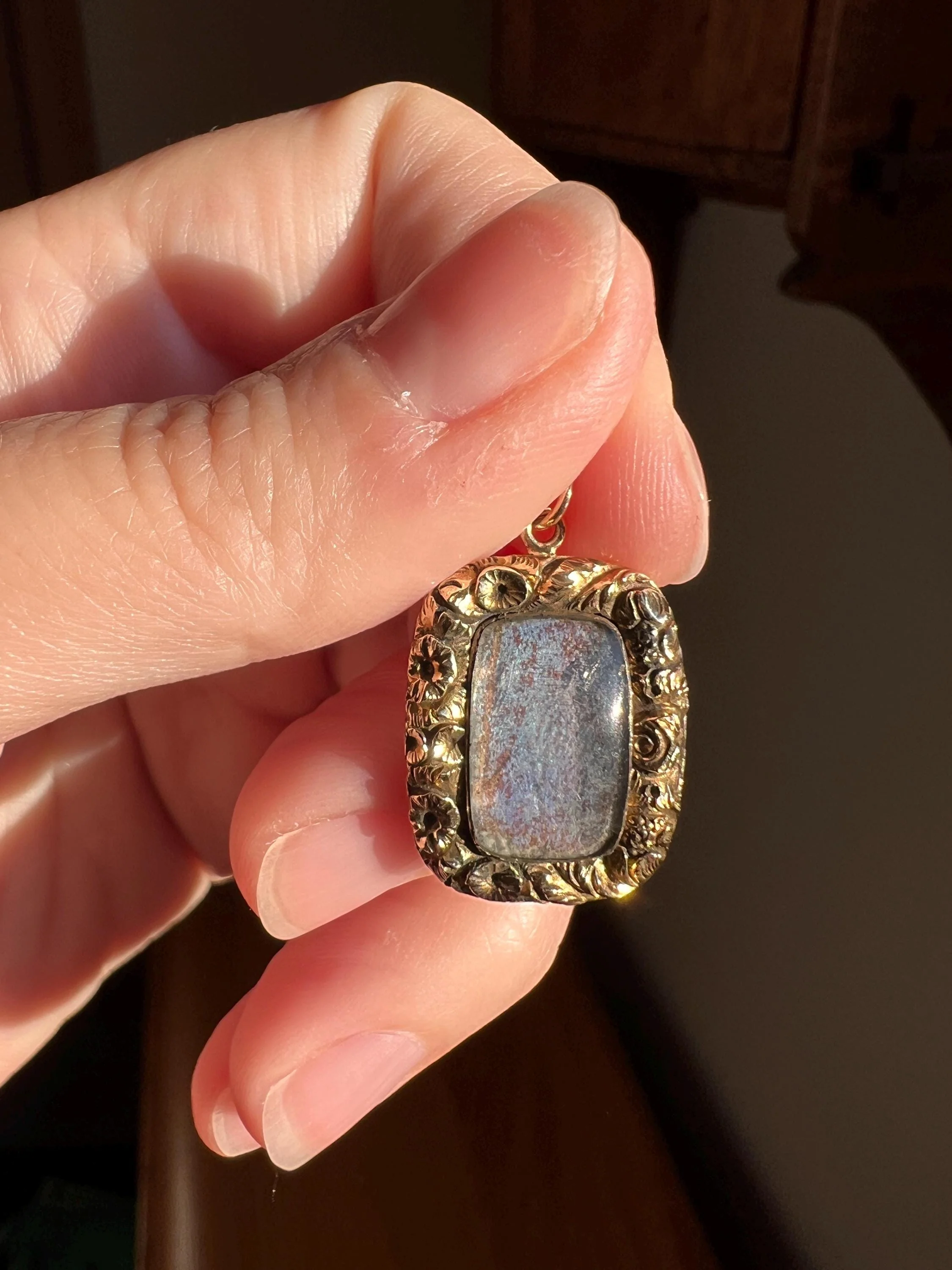 BUTTERFLY Wing Irridescent Blue GEORGIAN Antique Floral Embossed Halo 10k Gold Pendant - Image 6