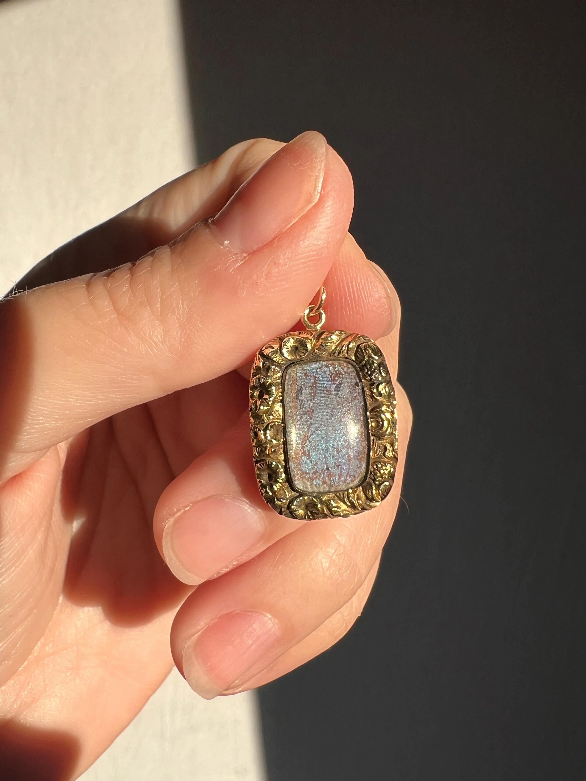 BUTTERFLY Wing Irridescent Blue GEORGIAN Antique Floral Embossed Halo 10k Gold Pendant - Image 8