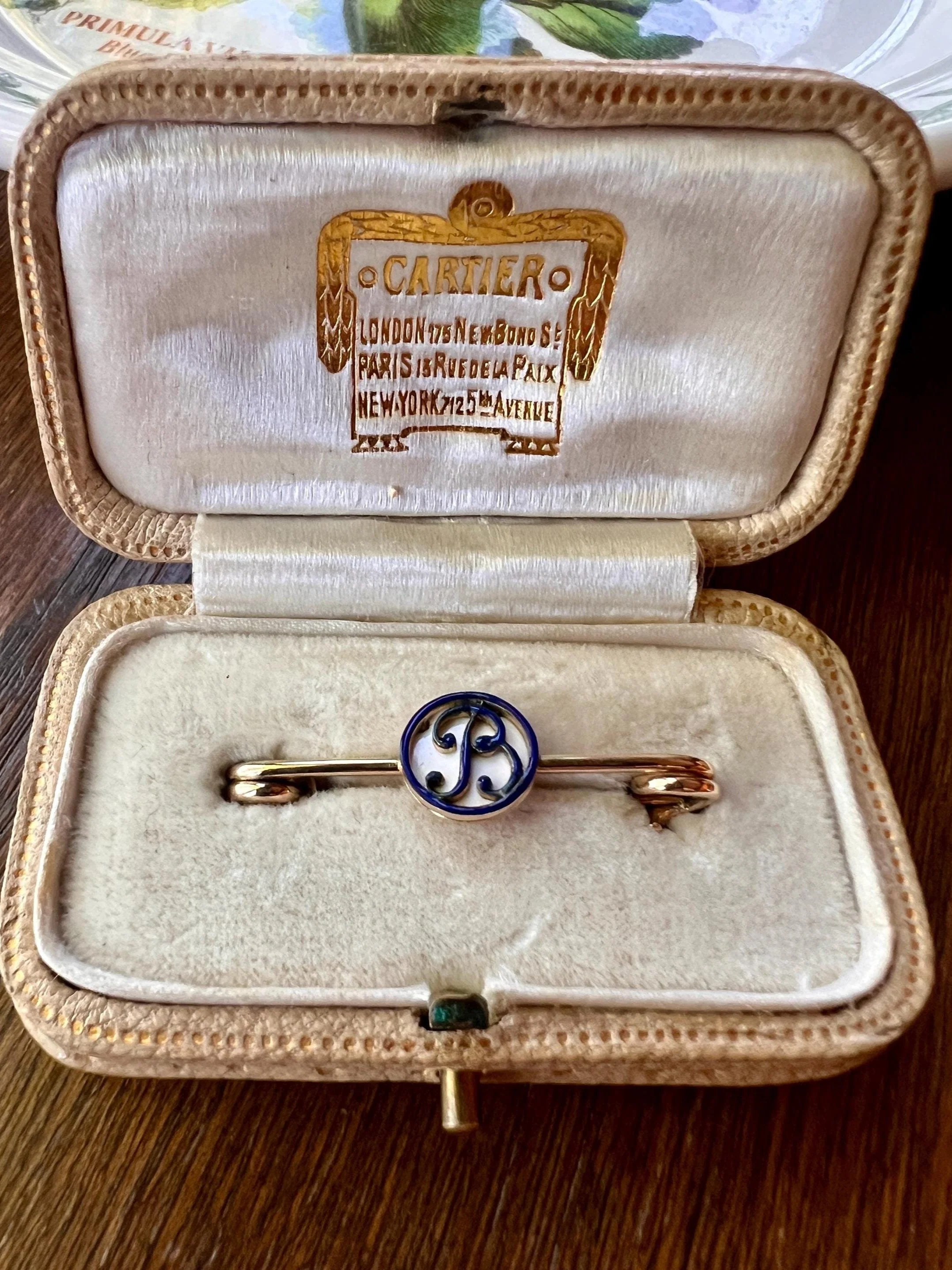 CARTIER Antique Rare BOXED Dated 1912 Letter B Initial Safety Pin Pendant Charm Holder Connector Extender Art Nouveau
