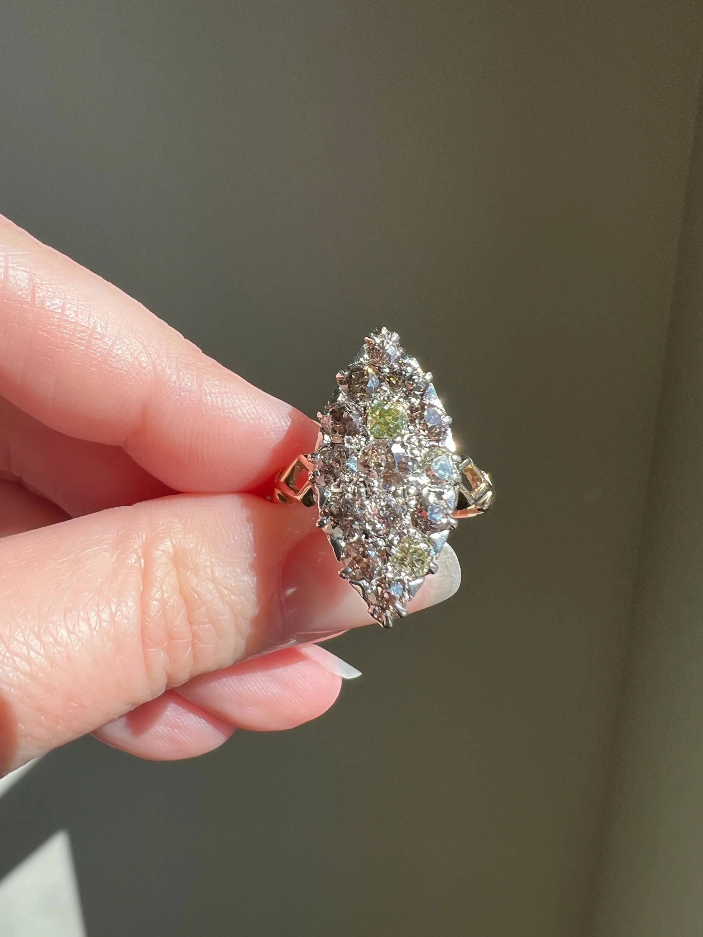 Champagne Dusty BLUSH Hues Antique 2.5 Carat Old Mine Cut DIAMOND Light Brown Cobblestone Cluster Navette Ring 14k Gold - Image 11