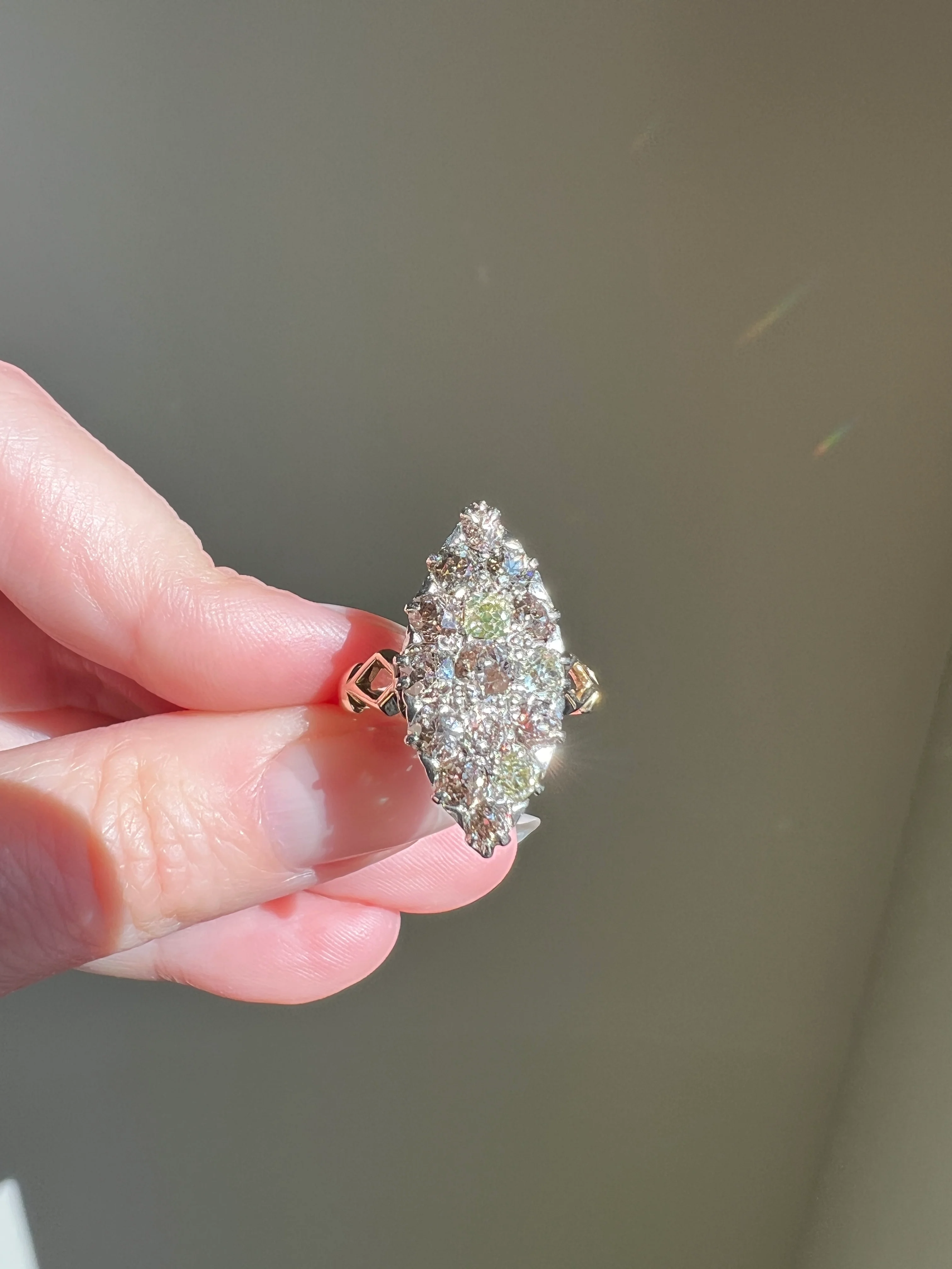 Champagne Dusty BLUSH Hues Antique 2.5 Carat Old Mine Cut DIAMOND Light Brown Cobblestone Cluster Navette Ring 14k Gold - Image 12