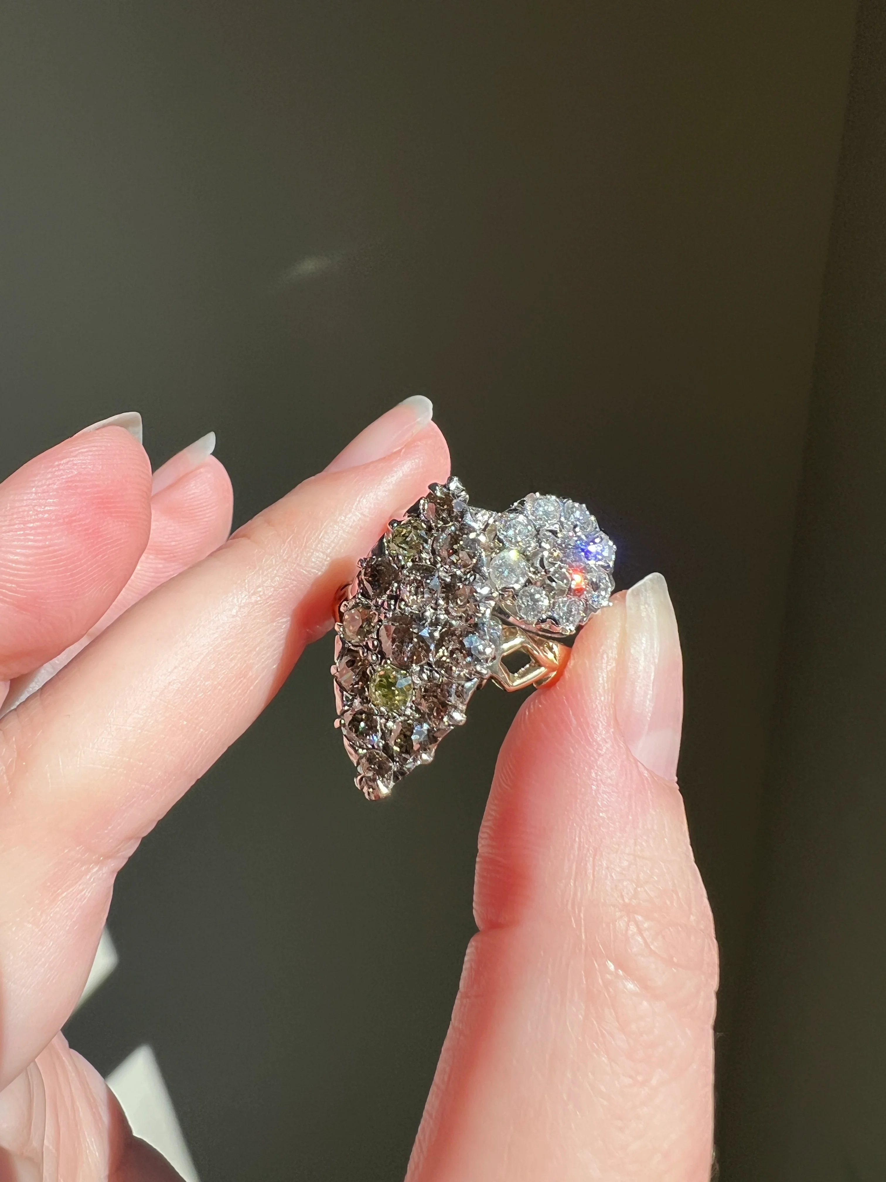 Champagne Dusty BLUSH Hues Antique 2.5 Carat Old Mine Cut DIAMOND Light Brown Cobblestone Cluster Navette Ring 14k Gold - Image 13