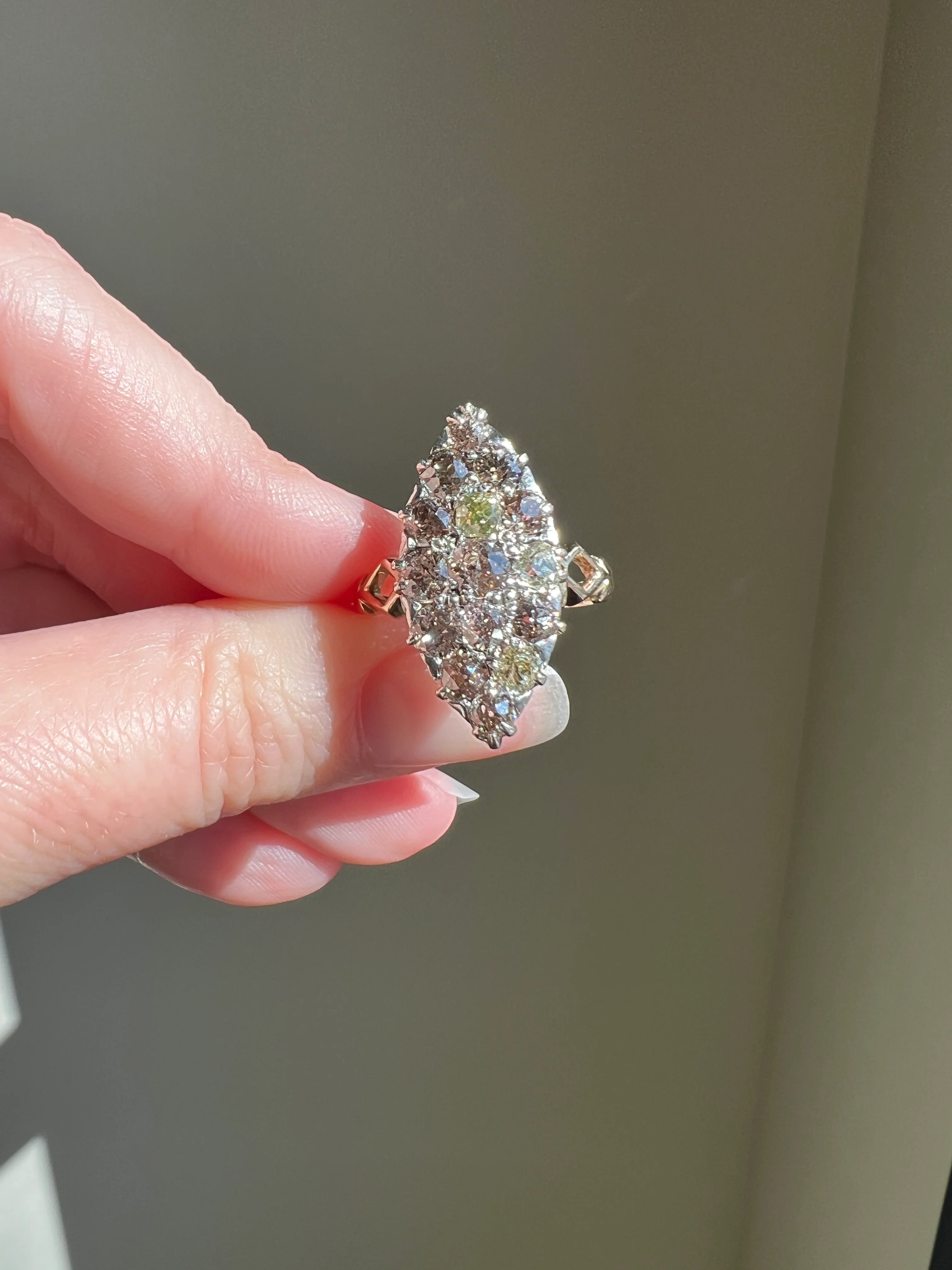 Champagne Dusty BLUSH Hues Antique 2.5 Carat Old Mine Cut DIAMOND Light Brown Cobblestone Cluster Navette Ring 14k Gold - Image 15