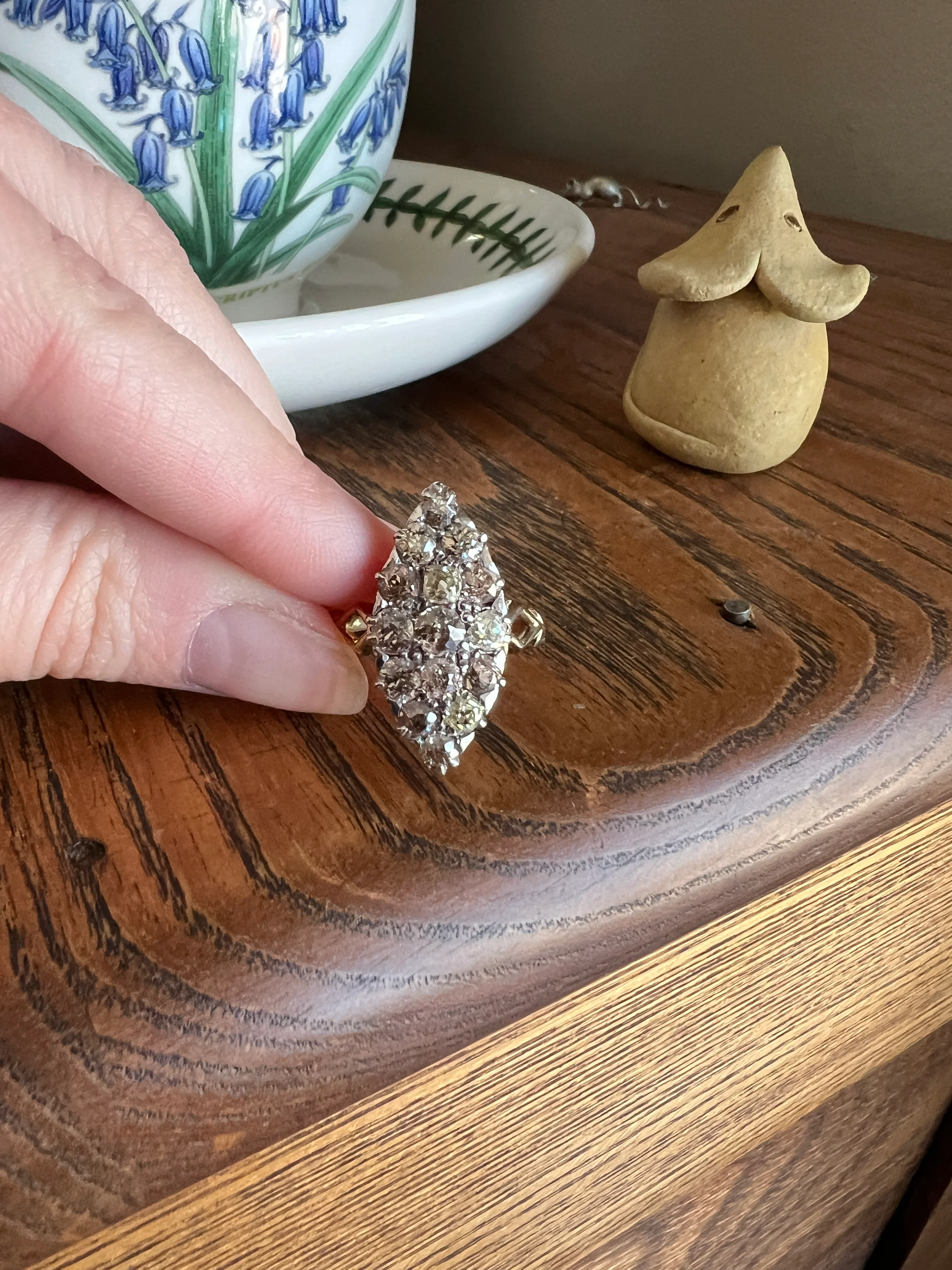 Champagne Dusty BLUSH Hues Antique 2.5 Carat Old Mine Cut DIAMOND Light Brown Cobblestone Cluster Navette Ring 14k Gold - Image 17