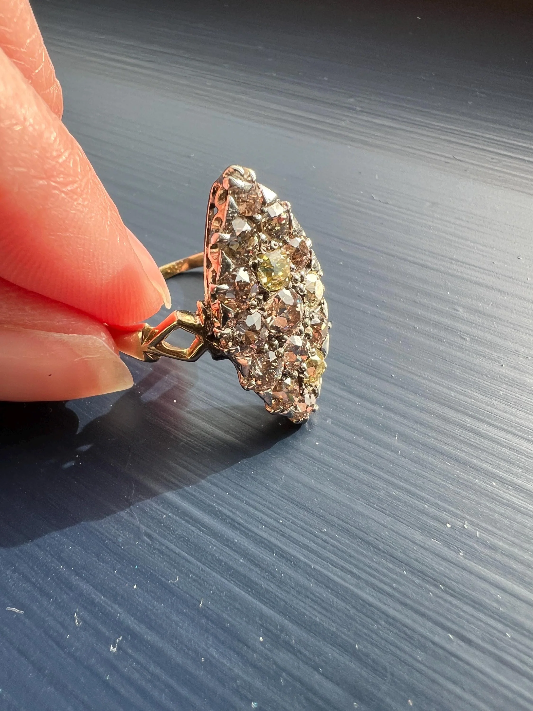 Champagne Dusty BLUSH Hues Antique 2.5 Carat Old Mine Cut DIAMOND Light Brown Cobblestone Cluster Navette Ring 14k Gold - Image 2