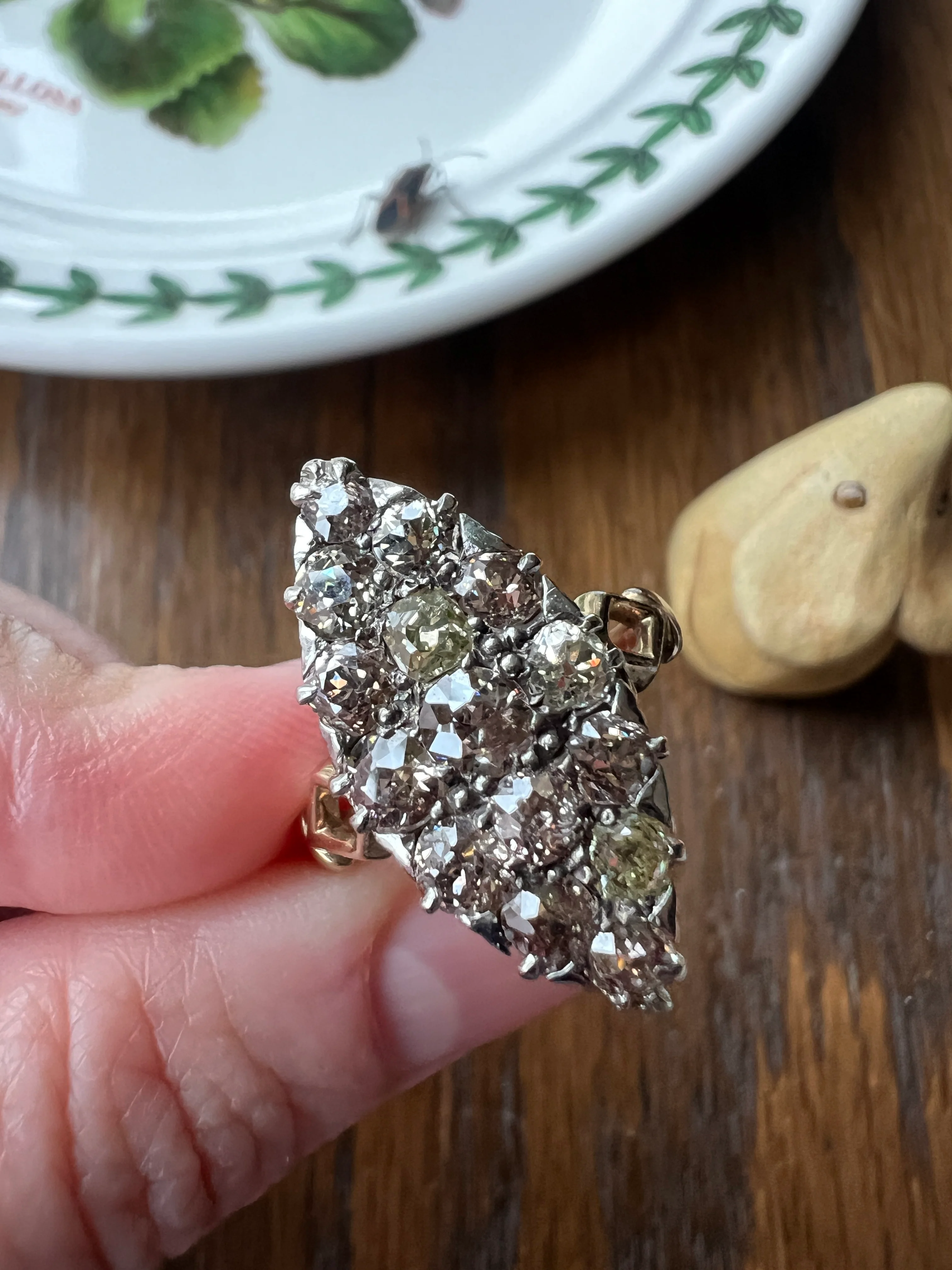 Champagne Dusty BLUSH Hues Antique 2.5 Carat Old Mine Cut DIAMOND Light Brown Cobblestone Cluster Navette Ring 14k Gold - Image 20