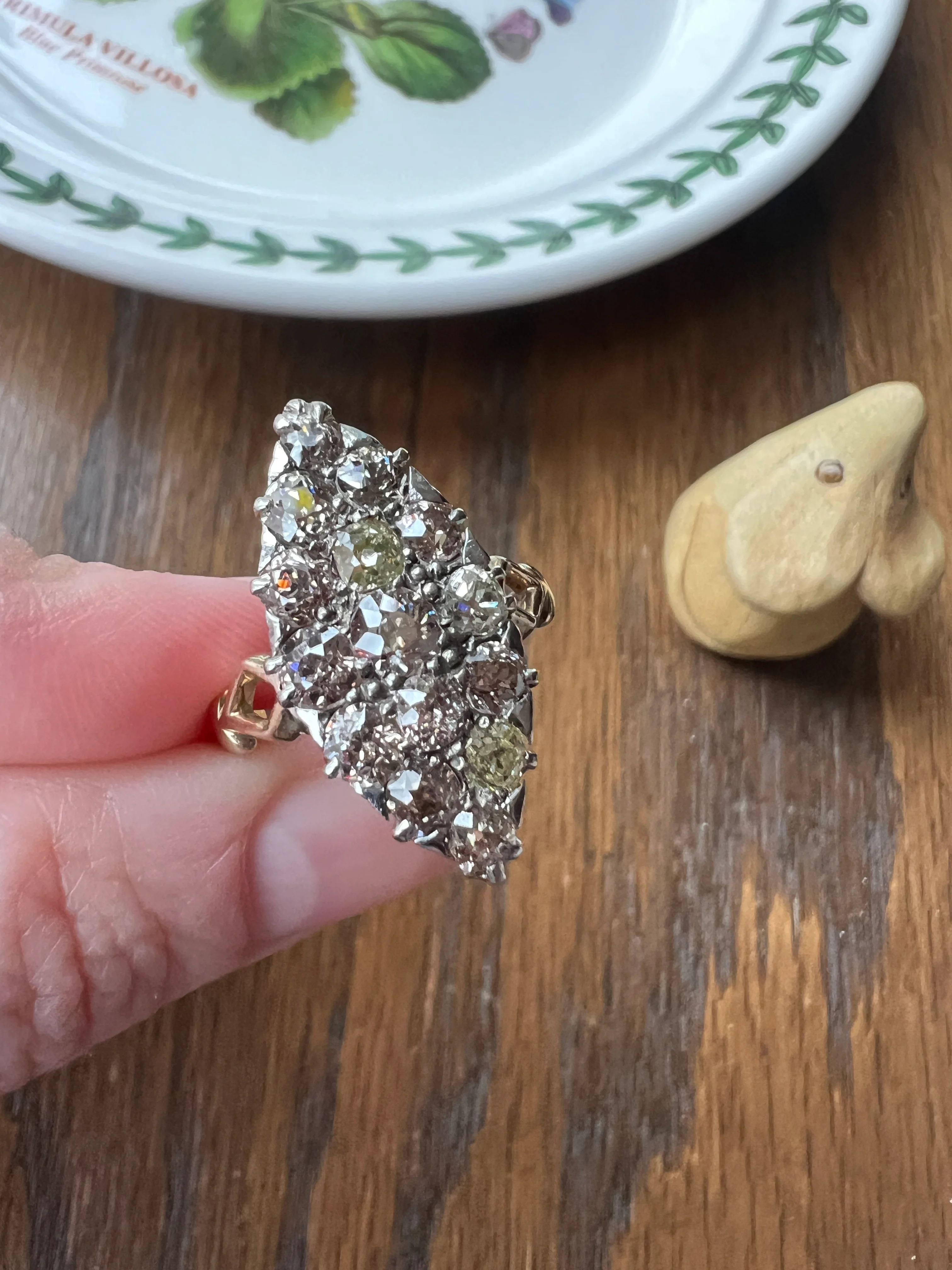 Champagne Dusty BLUSH Hues Antique 2.5 Carat Old Mine Cut DIAMOND Light Brown Cobblestone Cluster Navette Ring 14k Gold - Image 21