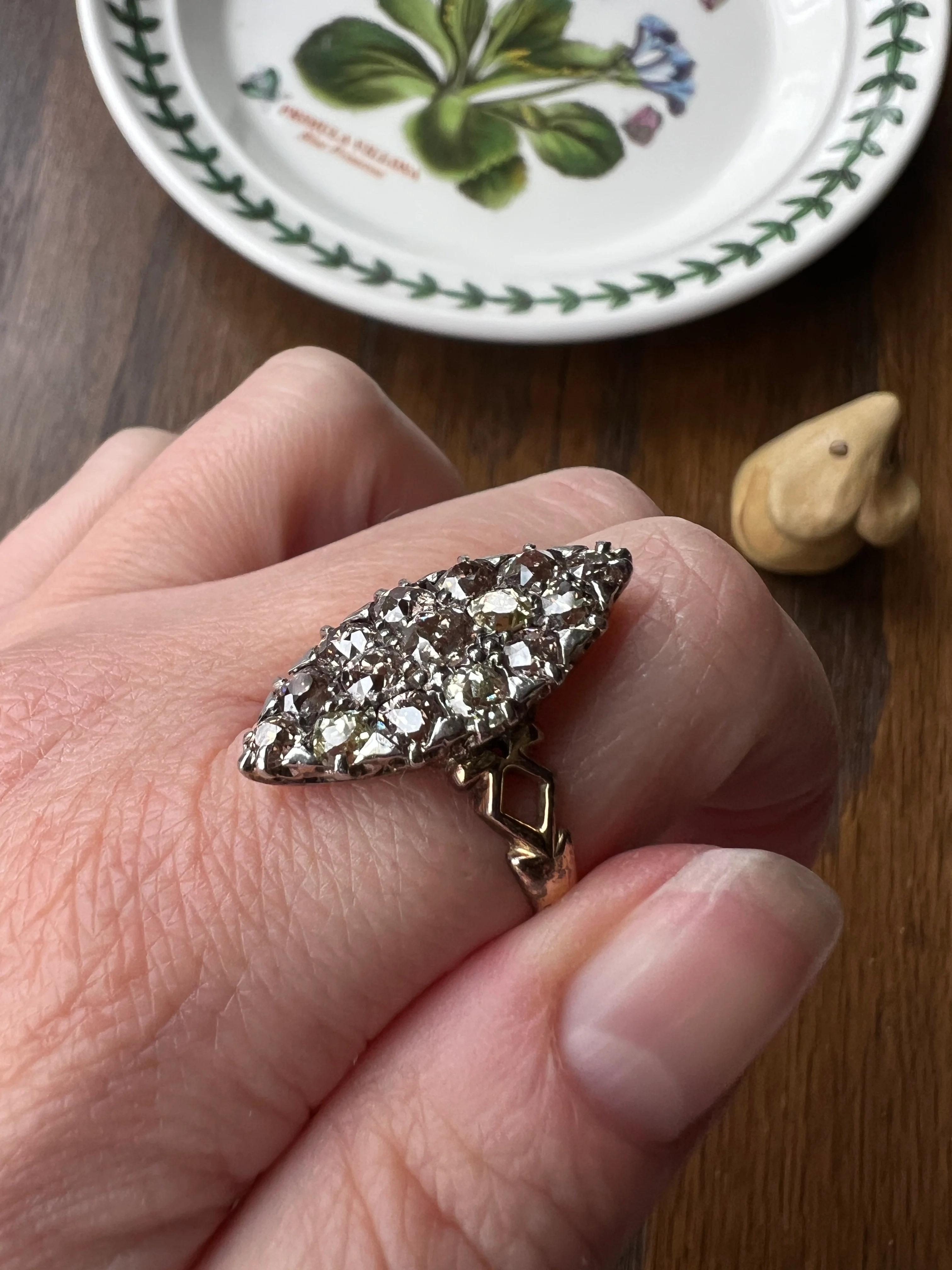 Champagne Dusty BLUSH Hues Antique 2.5 Carat Old Mine Cut DIAMOND Light Brown Cobblestone Cluster Navette Ring 14k Gold - Image 22