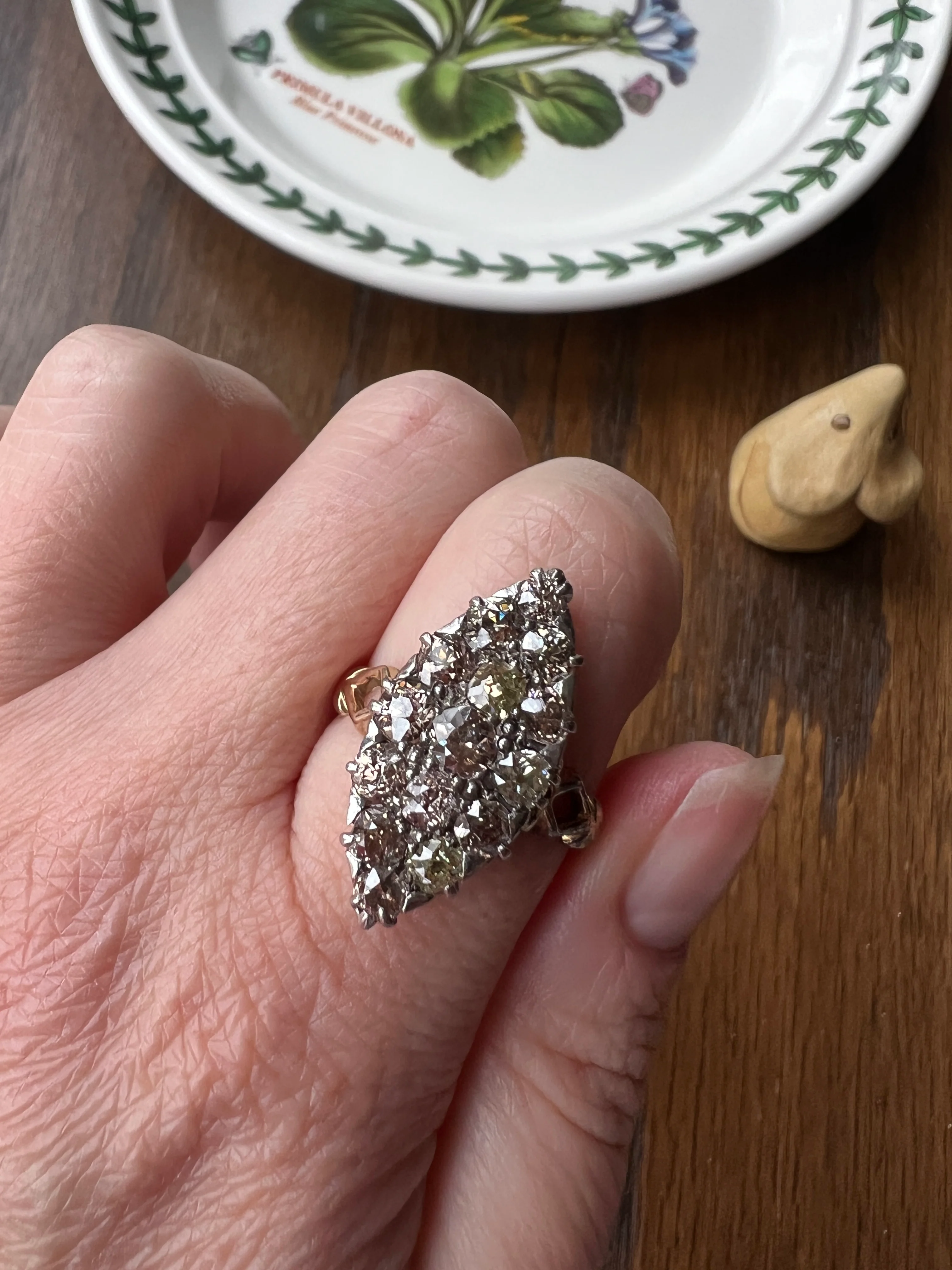 Champagne Dusty BLUSH Hues Antique 2.5 Carat Old Mine Cut DIAMOND Light Brown Cobblestone Cluster Navette Ring 14k Gold - Image 23