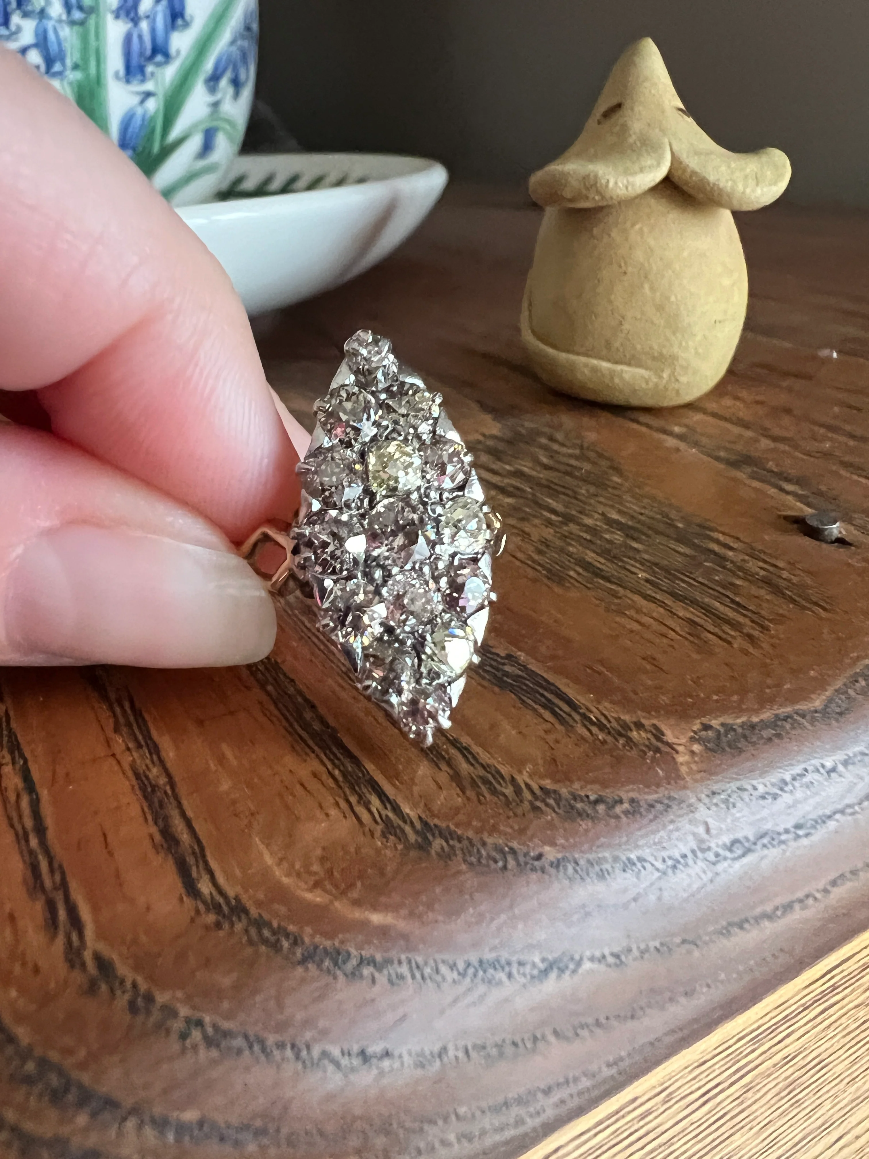 Champagne Dusty BLUSH Hues Antique 2.5 Carat Old Mine Cut DIAMOND Light Brown Cobblestone Cluster Navette Ring 14k Gold - Image 24