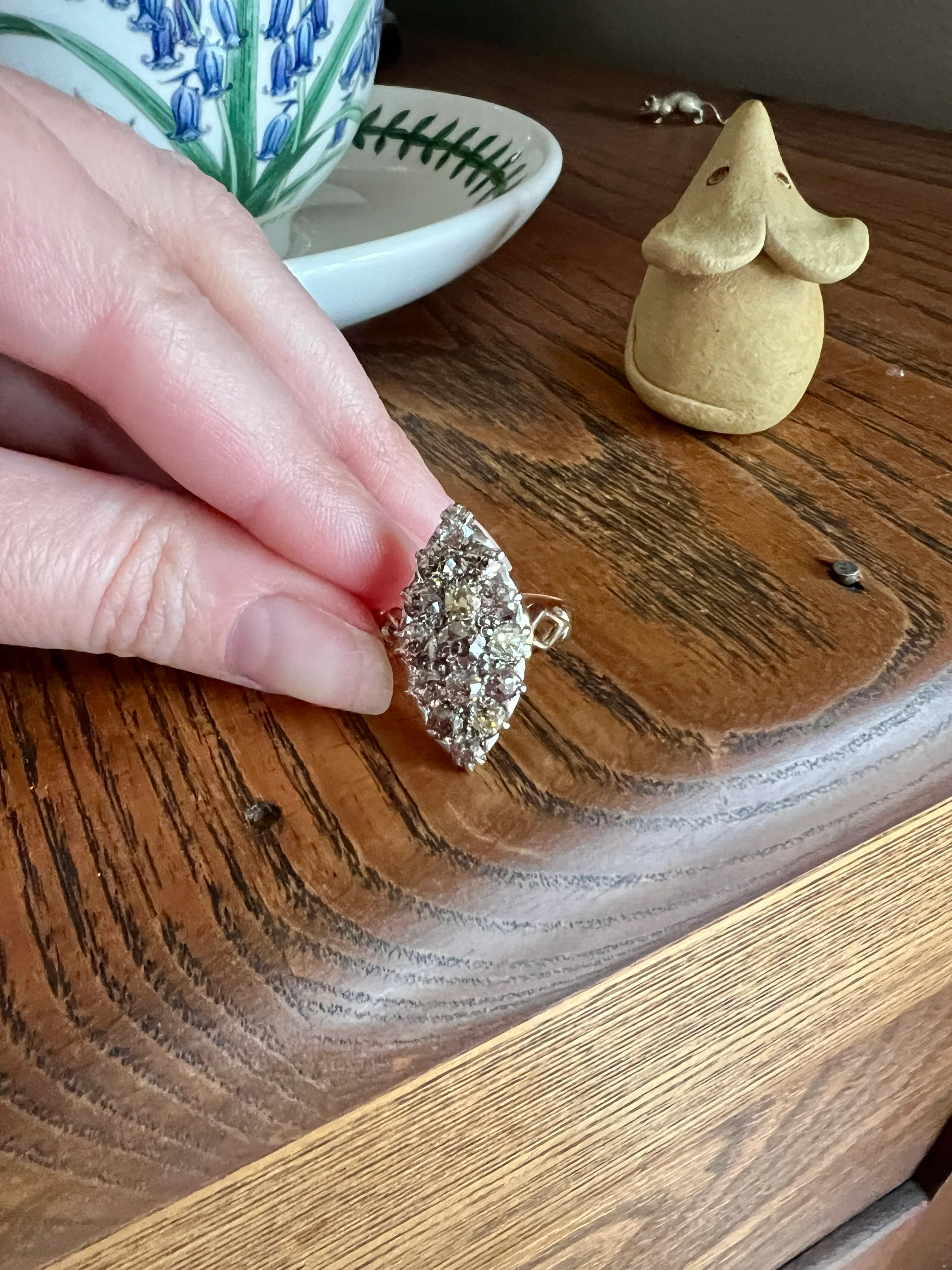 Champagne Dusty BLUSH Hues Antique 2.5 Carat Old Mine Cut DIAMOND Light Brown Cobblestone Cluster Navette Ring 14k Gold - Image 25