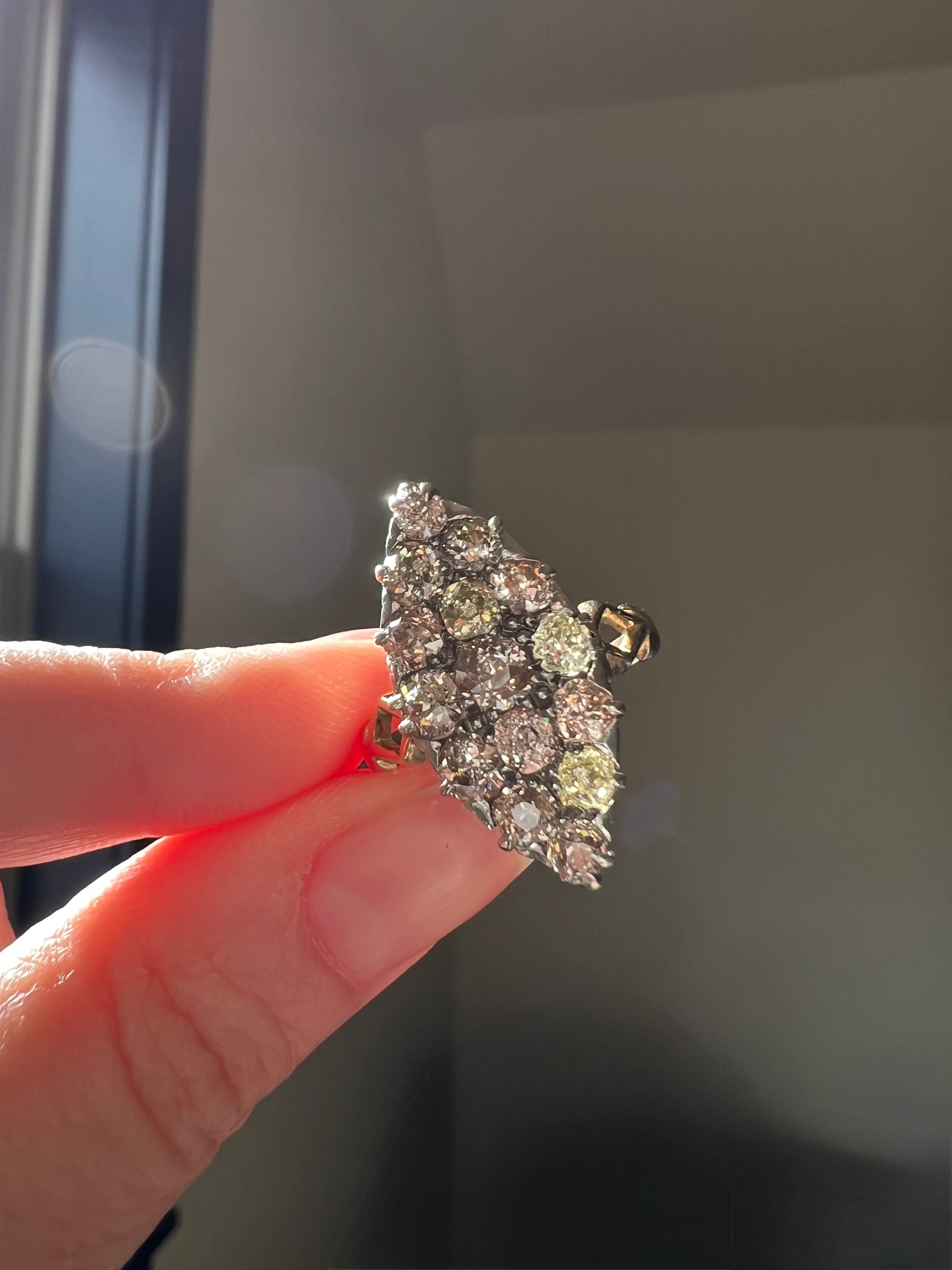 Champagne Dusty BLUSH Hues Antique 2.5 Carat Old Mine Cut DIAMOND Light Brown Cobblestone Cluster Navette Ring 14k Gold - Image 27