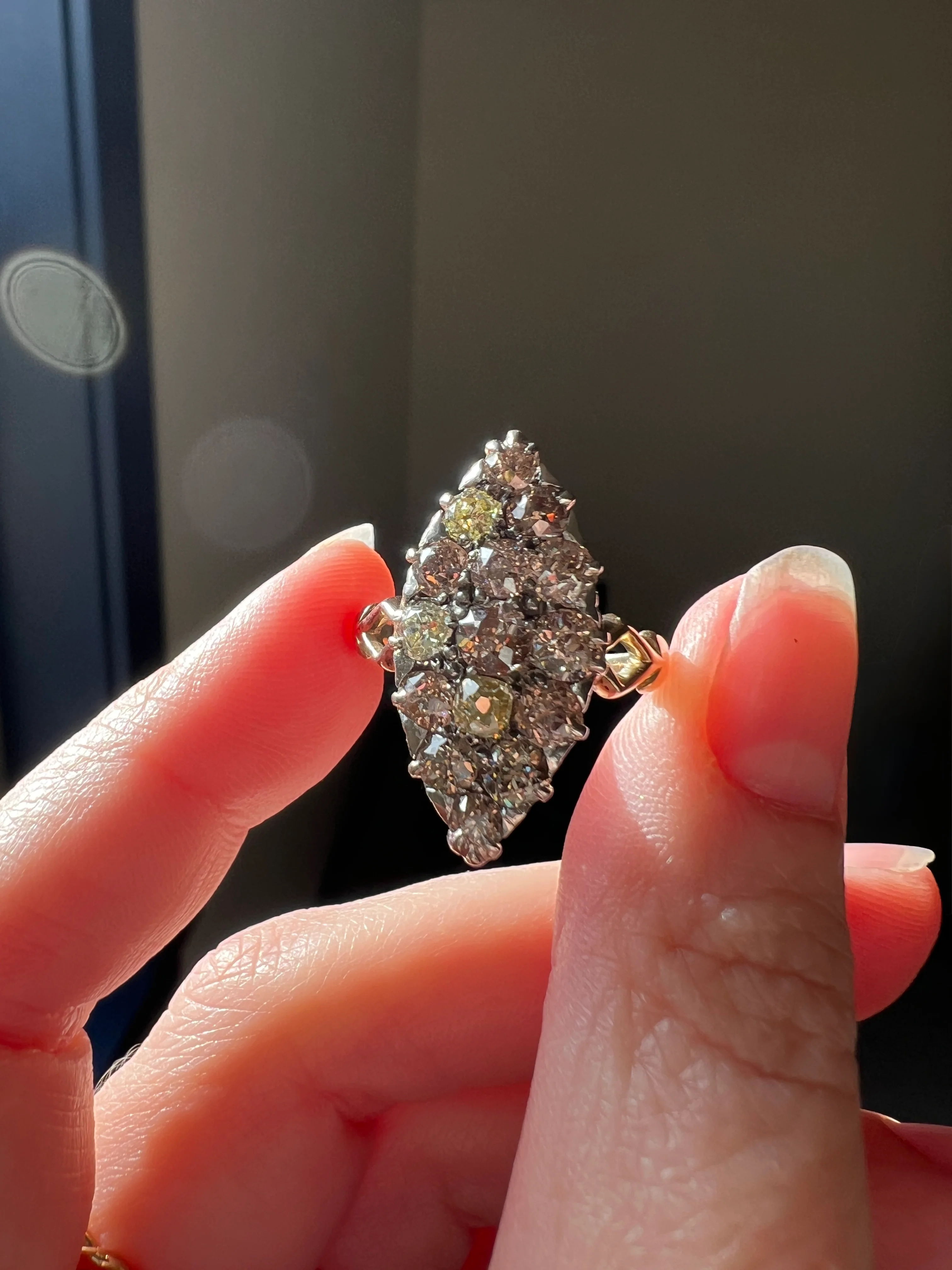 Champagne Dusty BLUSH Hues Antique 2.5 Carat Old Mine Cut DIAMOND Light Brown Cobblestone Cluster Navette Ring 14k Gold - Image 28