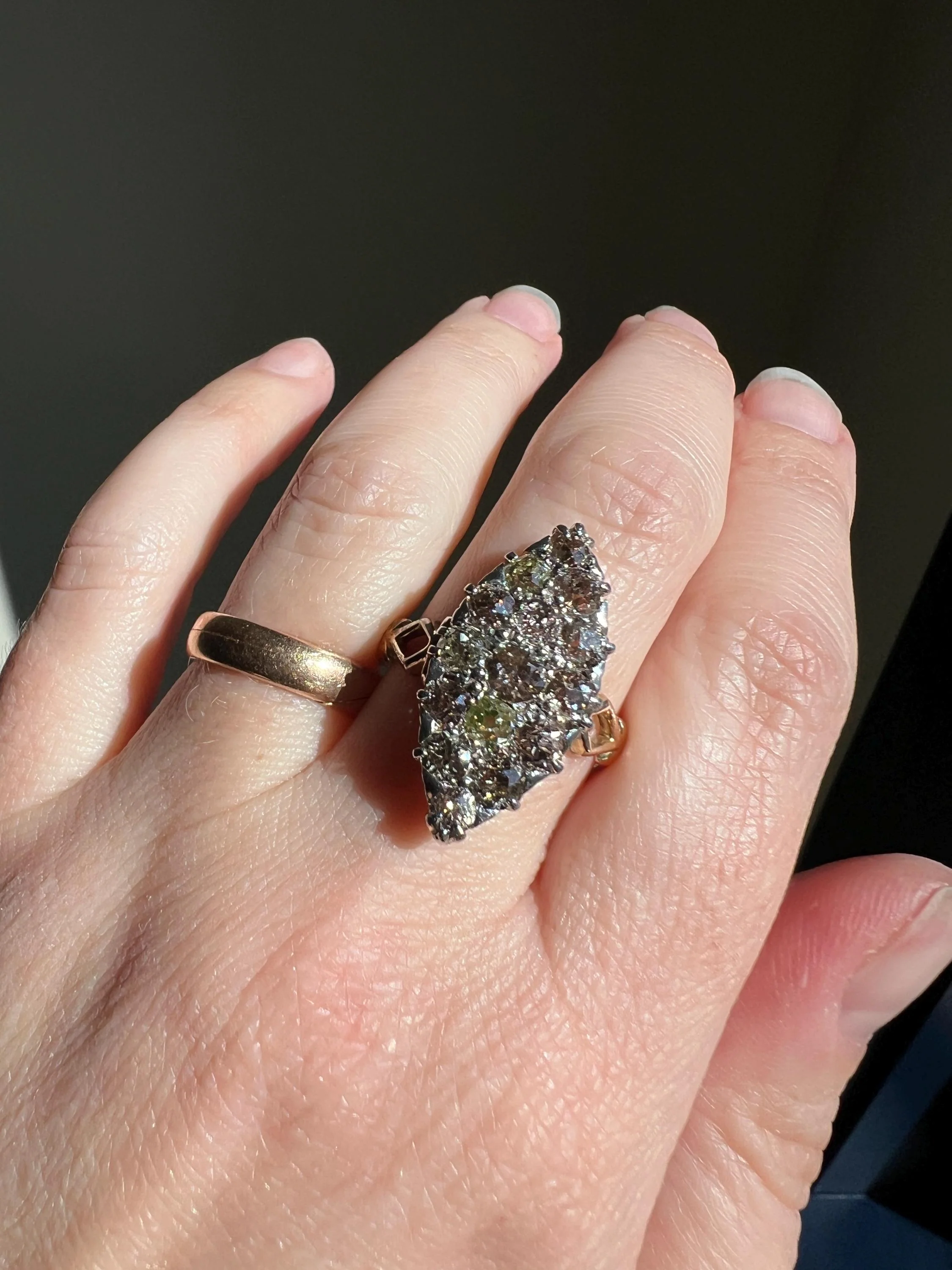 Champagne Dusty BLUSH Hues Antique 2.5 Carat Old Mine Cut DIAMOND Light Brown Cobblestone Cluster Navette Ring 14k Gold - Image 3
