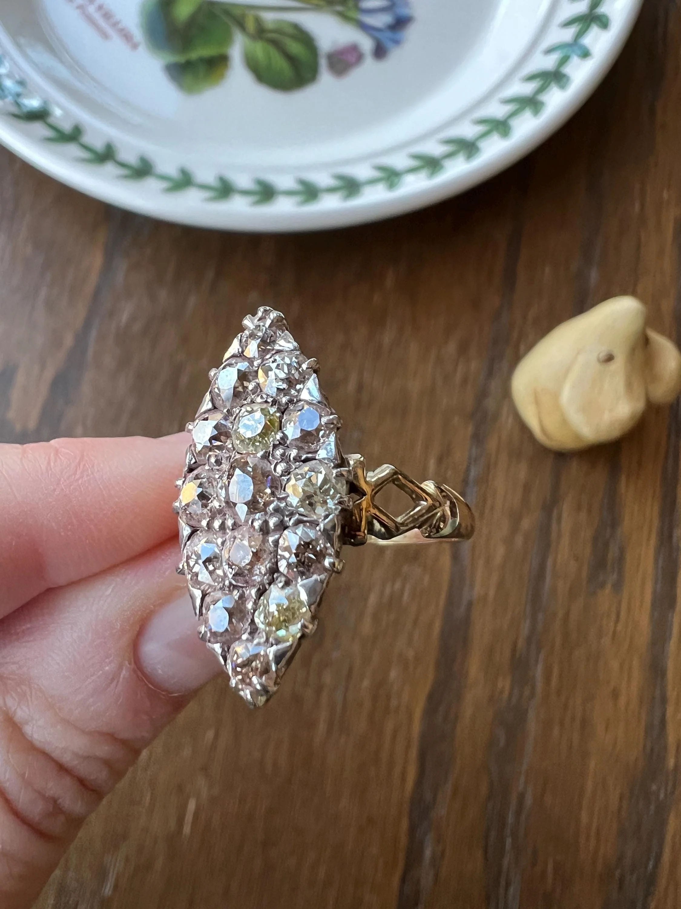 Champagne Dusty BLUSH Hues Antique 2.5 Carat Old Mine Cut DIAMOND Light Brown Cobblestone Cluster Navette Ring 14k Gold - Image 4