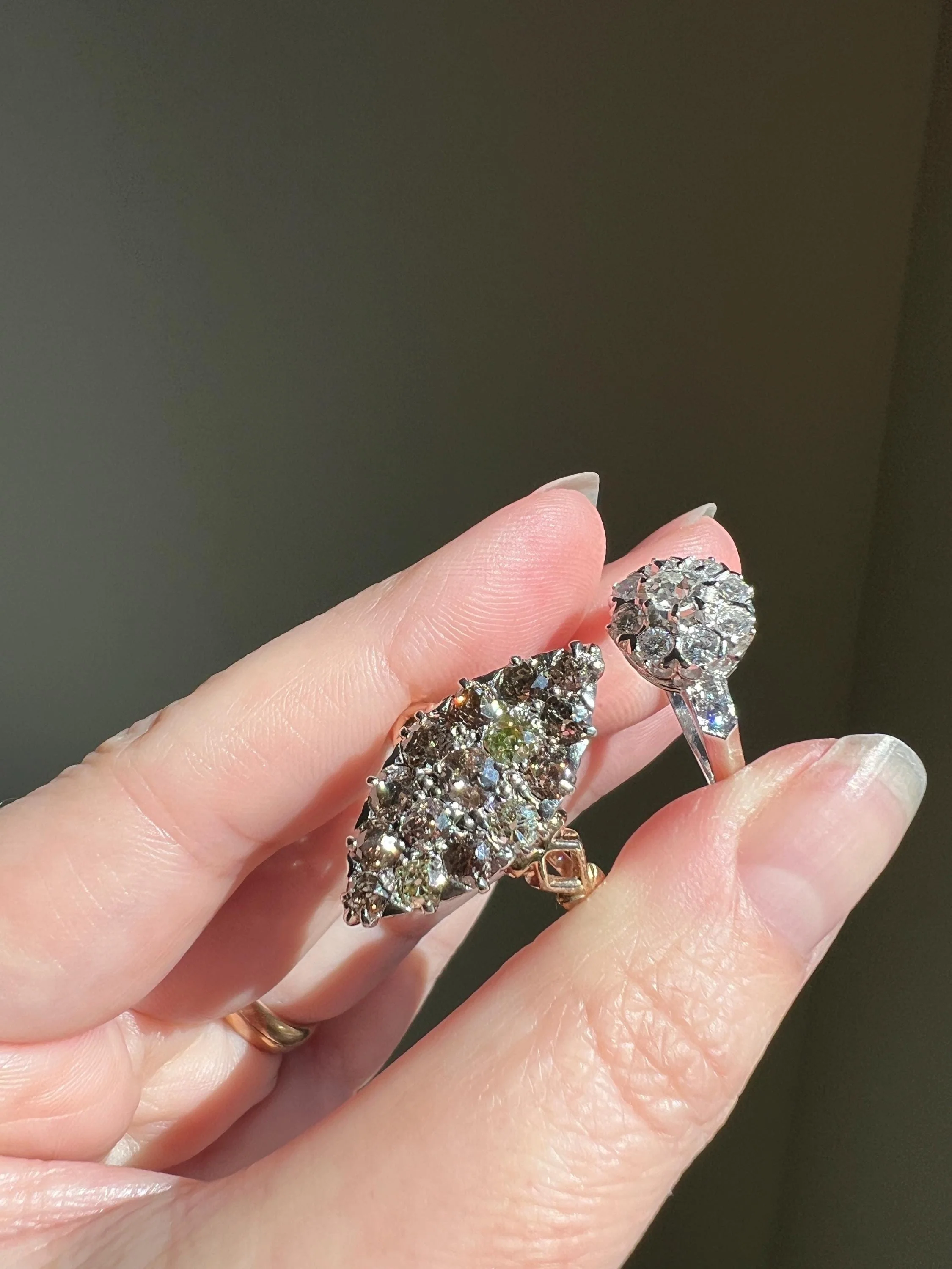 Champagne Dusty BLUSH Hues Antique 2.5 Carat Old Mine Cut DIAMOND Light Brown Cobblestone Cluster Navette Ring 14k Gold - Image 5