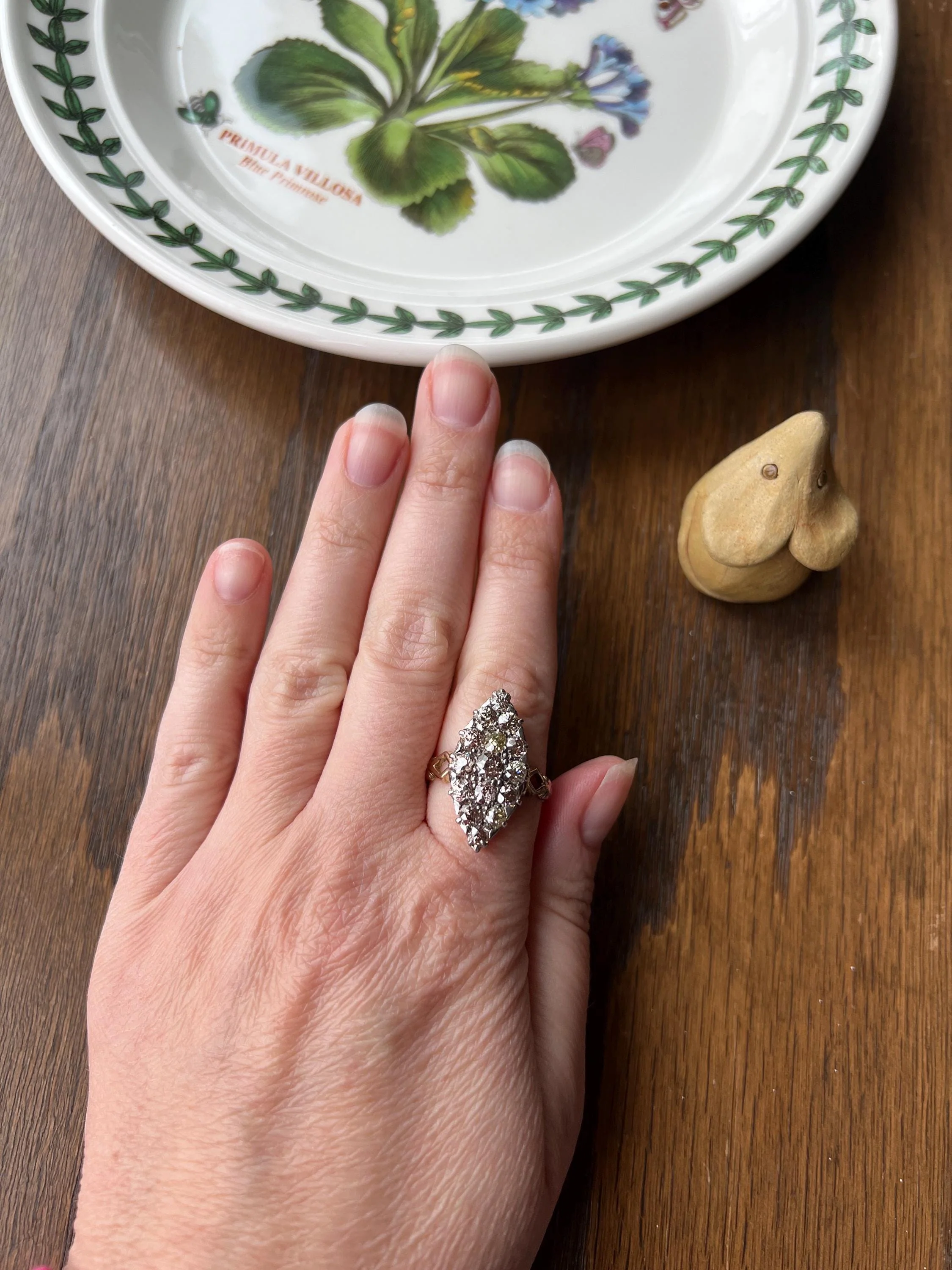 Champagne Dusty BLUSH Hues Antique 2.5 Carat Old Mine Cut DIAMOND Light Brown Cobblestone Cluster Navette Ring 14k Gold - Image 6