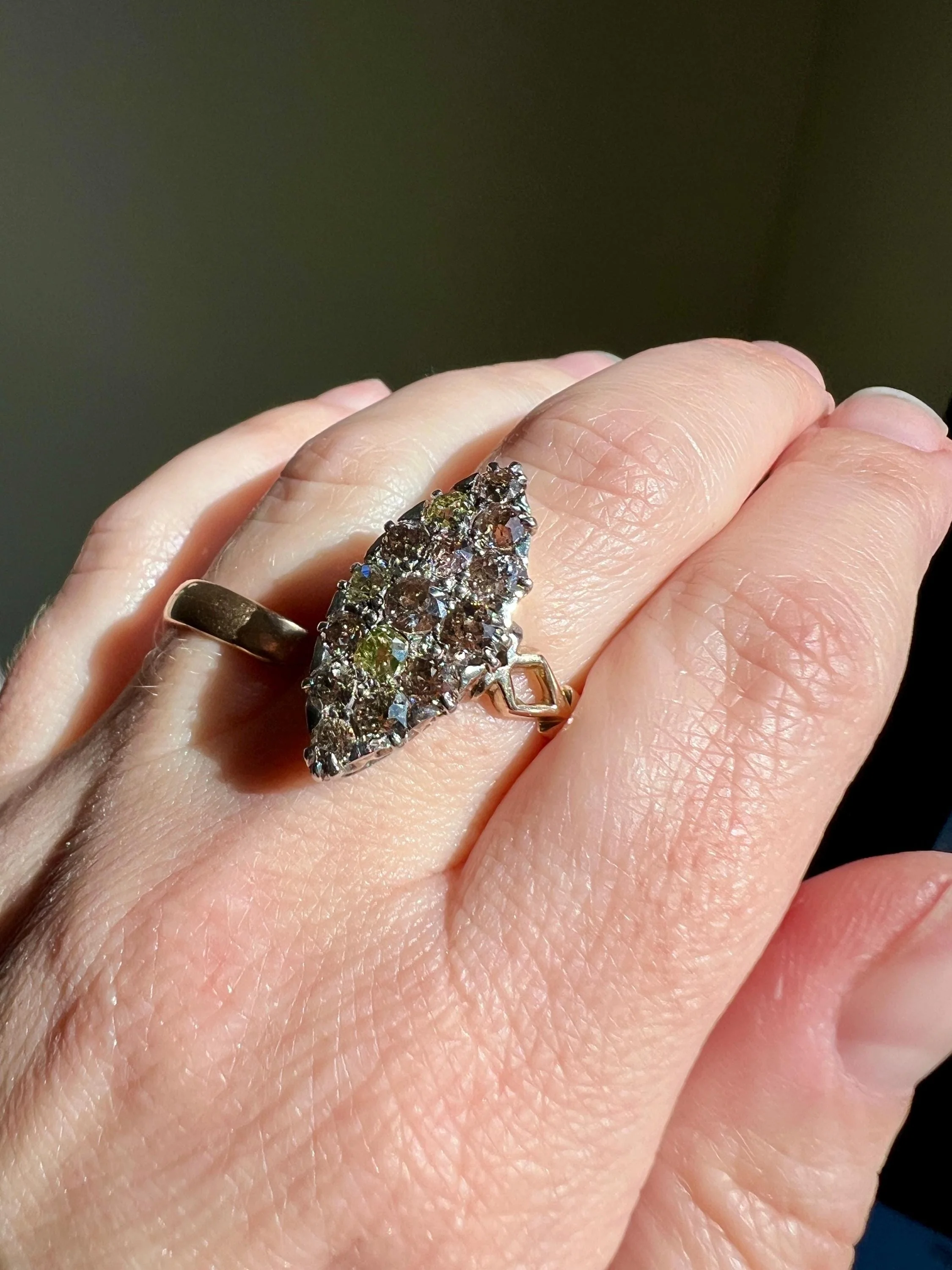 Champagne Dusty BLUSH Hues Antique 2.5 Carat Old Mine Cut DIAMOND Light Brown Cobblestone Cluster Navette Ring 14k Gold - Image 7