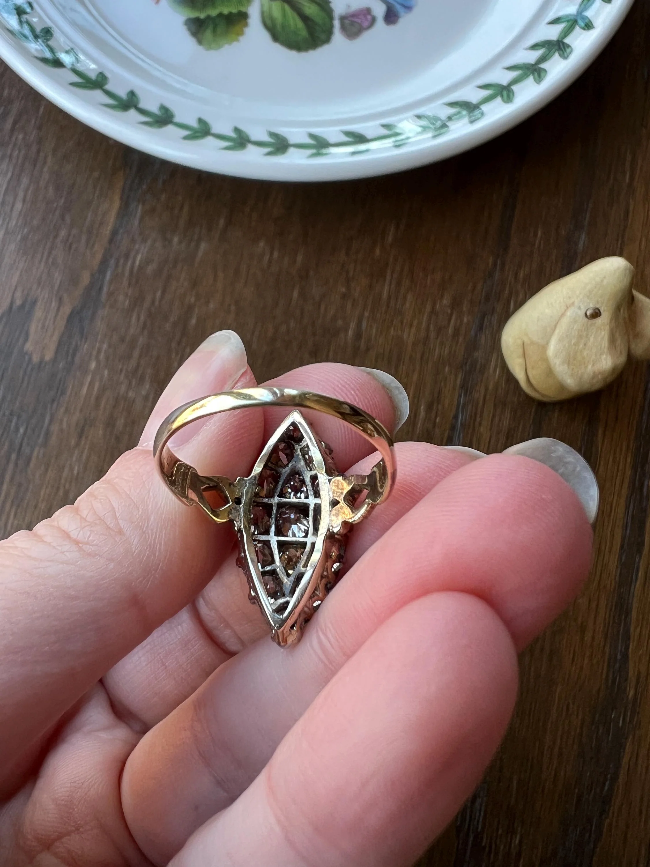 Champagne Dusty BLUSH Hues Antique 2.5 Carat Old Mine Cut DIAMOND Light Brown Cobblestone Cluster Navette Ring 14k Gold - Image 9
