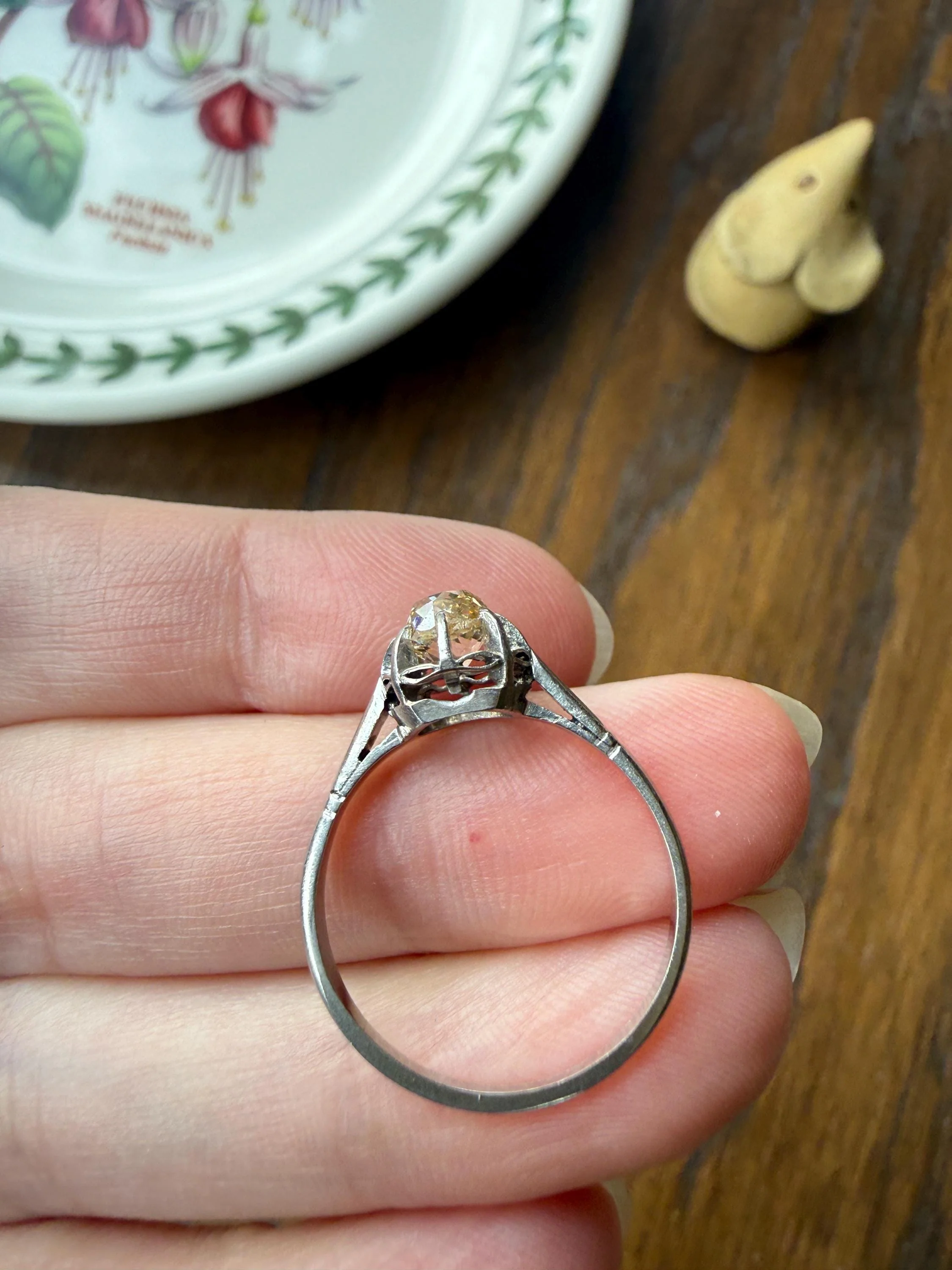 CHAMPAGNE Extra Chunky Old Mine Cut DIAMOND Eye Clean .8 Carat Antique Solitaire Ring French Platinum Skinny Band Engagement OMC - Image 13