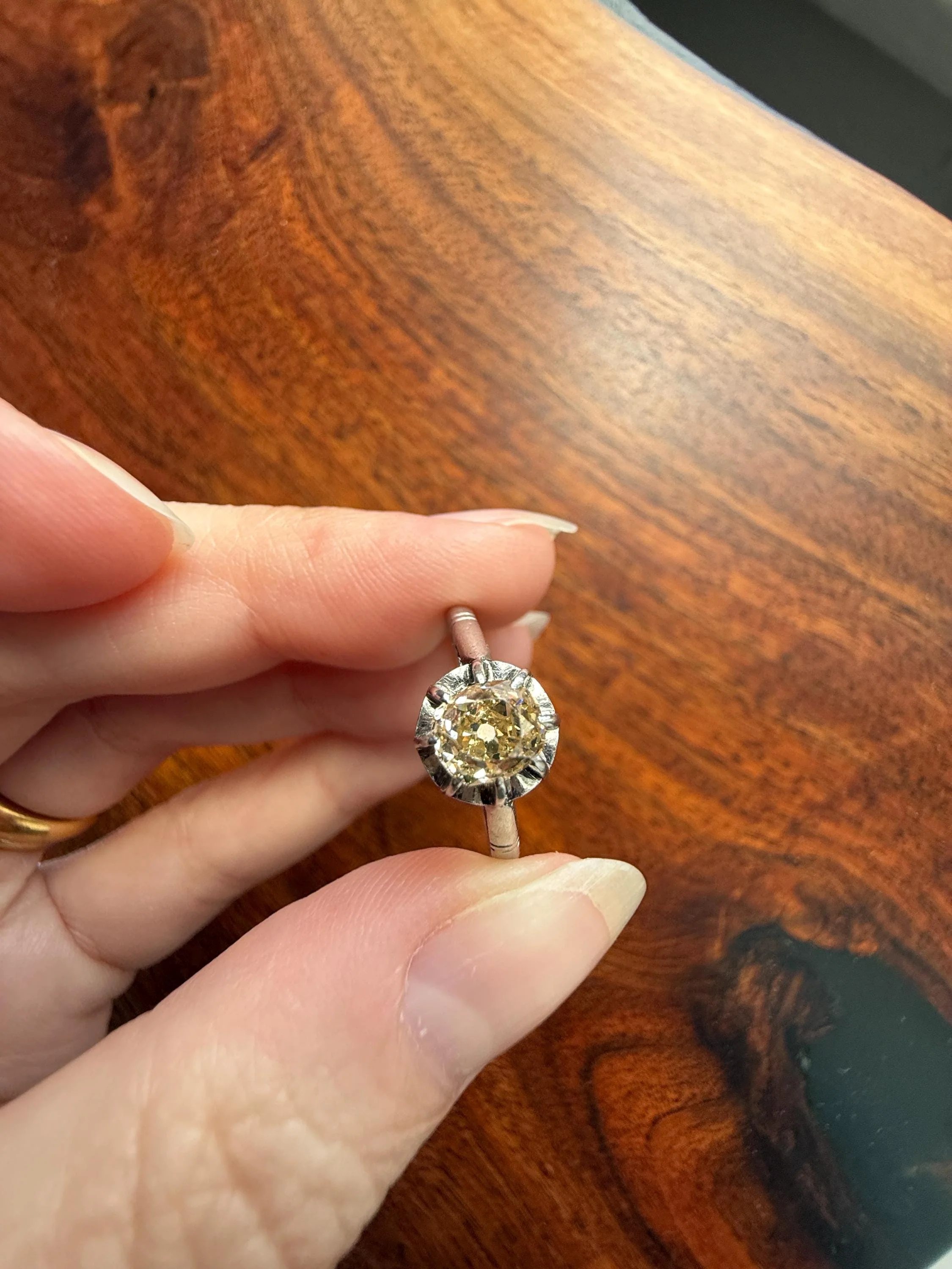 CHAMPAGNE Extra Chunky Old Mine Cut DIAMOND Eye Clean .8 Carat Antique Solitaire Ring French Platinum Skinny Band Engagement OMC - Image 3