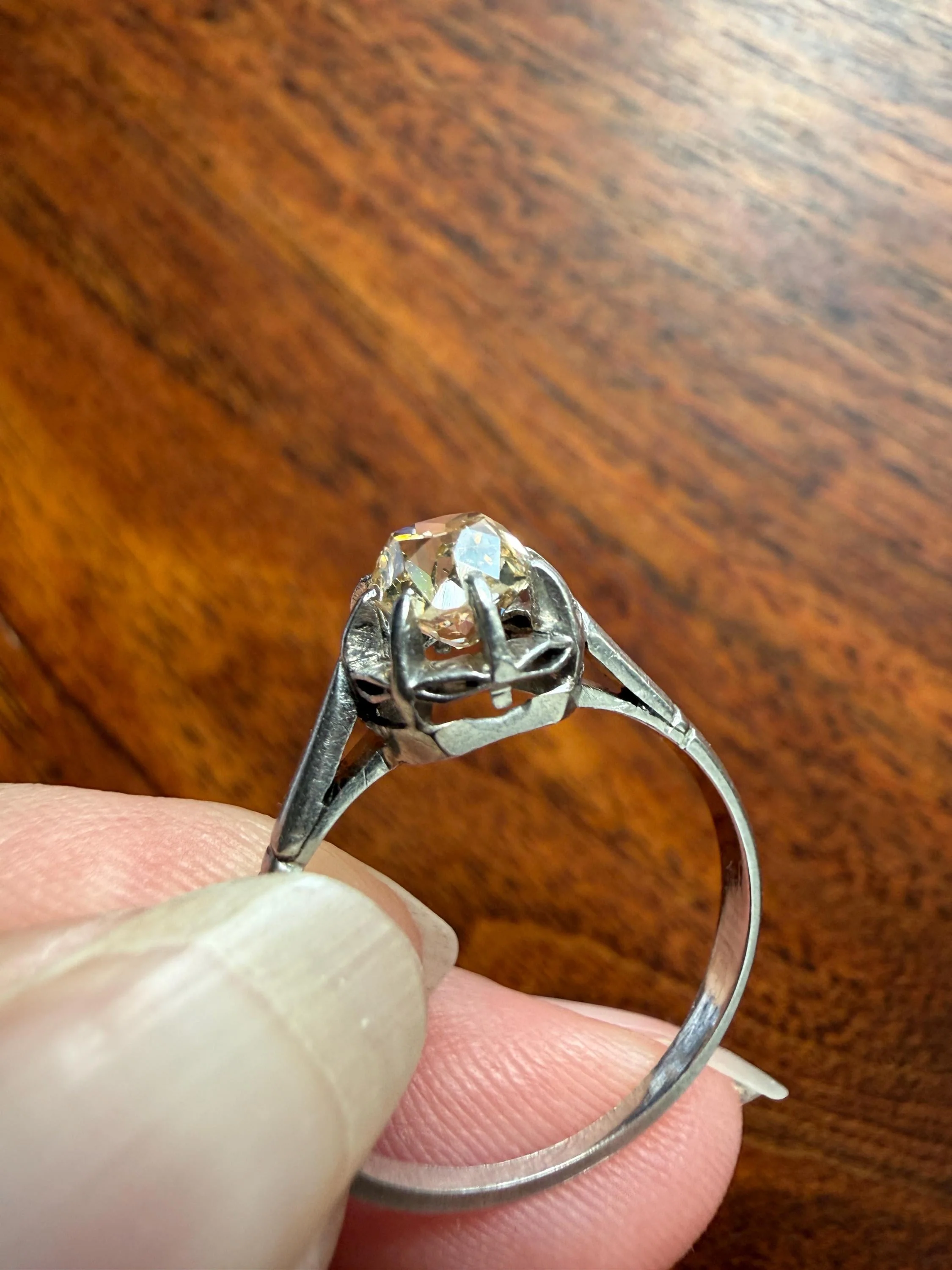 CHAMPAGNE Extra Chunky Old Mine Cut DIAMOND Eye Clean .8 Carat Antique Solitaire Ring French Platinum Skinny Band Engagement OMC - Image 4