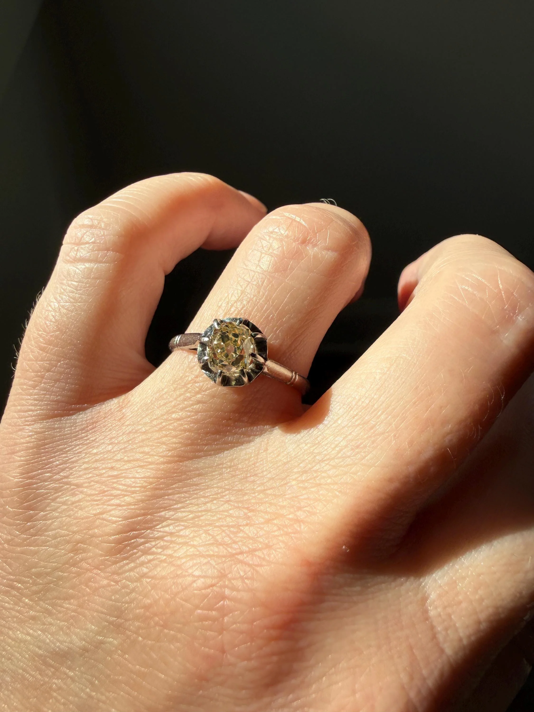 CHAMPAGNE Extra Chunky Old Mine Cut DIAMOND Eye Clean .8 Carat Antique Solitaire Ring French Platinum Skinny Band Engagement OMC - Image 9