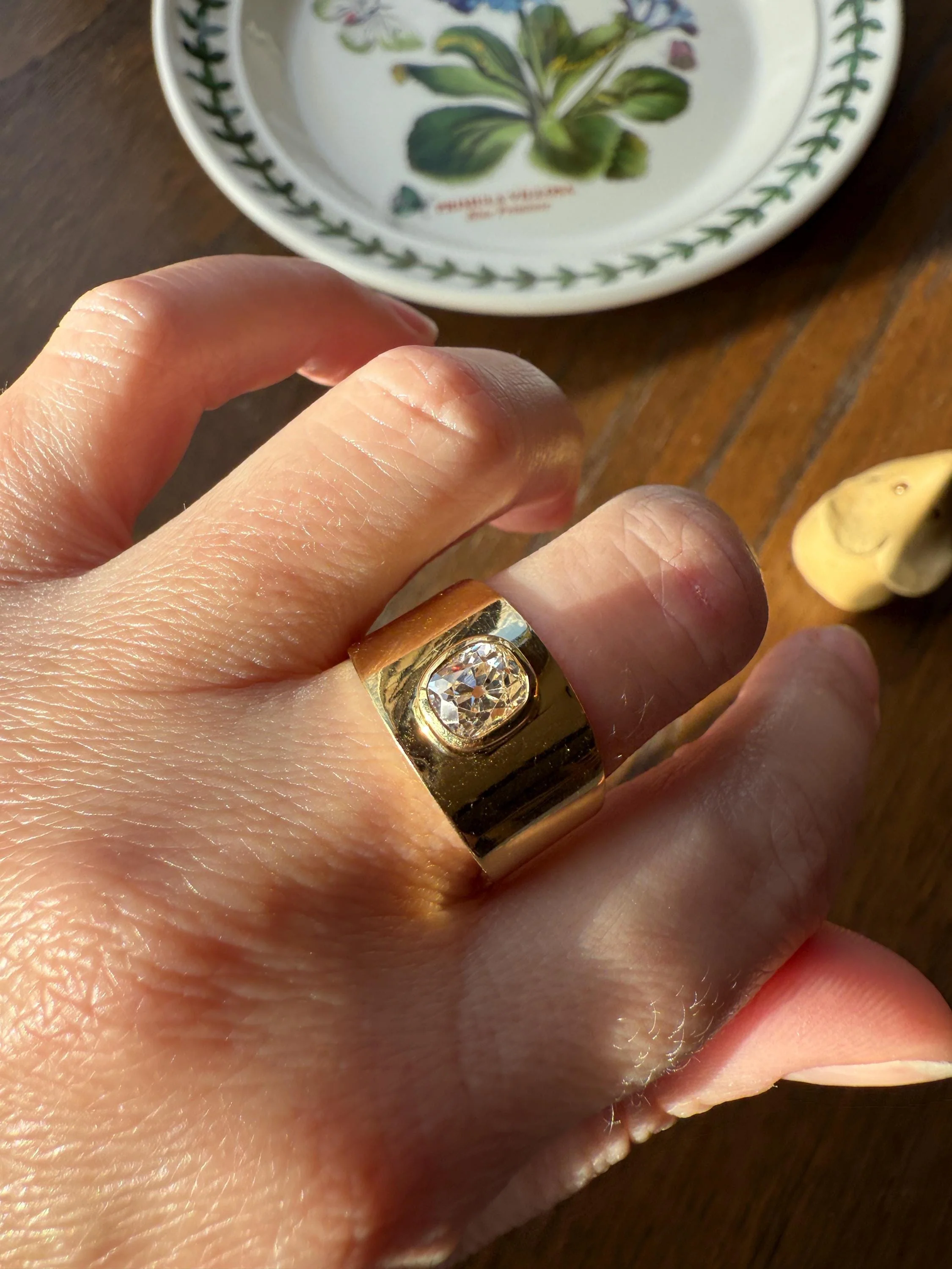 CHUNKY 1 Carat Old Mine Cut DIAMOND X Wide Cigar Band 8.5g 18k Gold Solid Ring Stacker Bezel Set Solitaire Sturdy Tapered Shimmer - Image 2