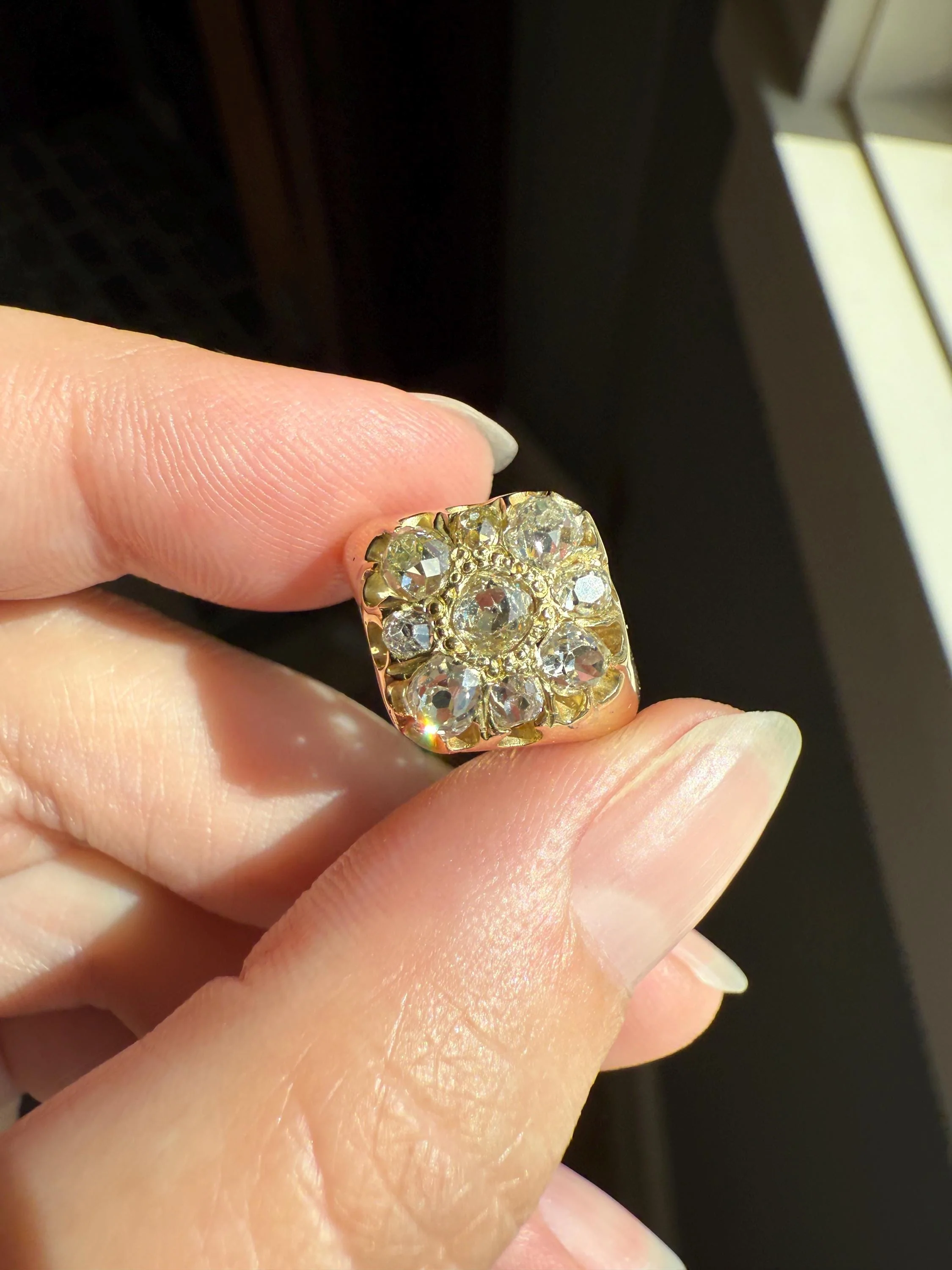 CHUNKY 1.2 Carat Old Mine Cut DIAMOND Cluster Ring 15k Gold Delicious Pale Yellow Nine Stone Cruciform Halo Belcher Buttercup 1.2Ctw OMC - Image 11