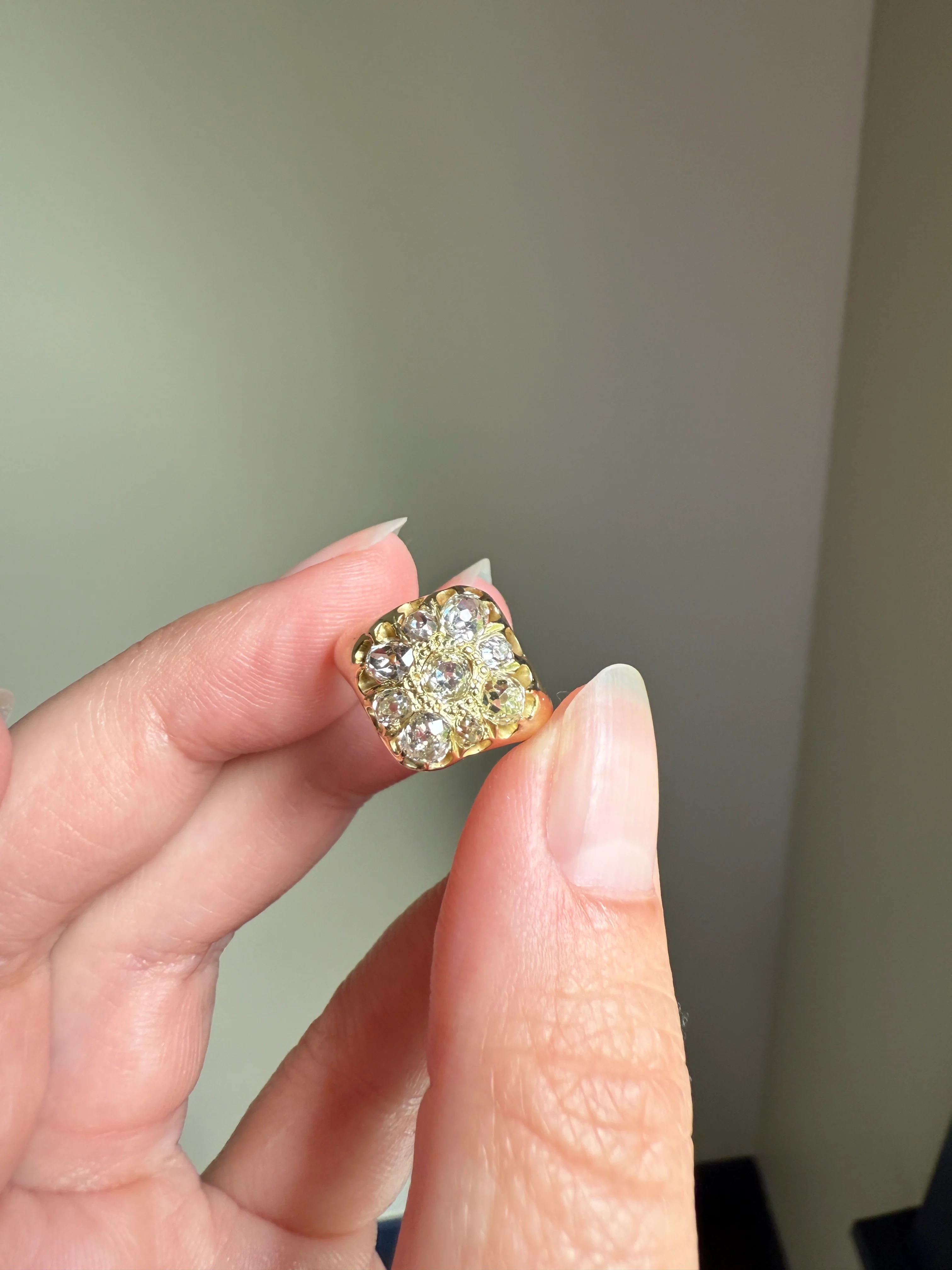 CHUNKY 1.2 Carat Old Mine Cut DIAMOND Cluster Ring 15k Gold Delicious Pale Yellow Nine Stone Cruciform Halo Belcher Buttercup 1.2Ctw OMC - Image 14