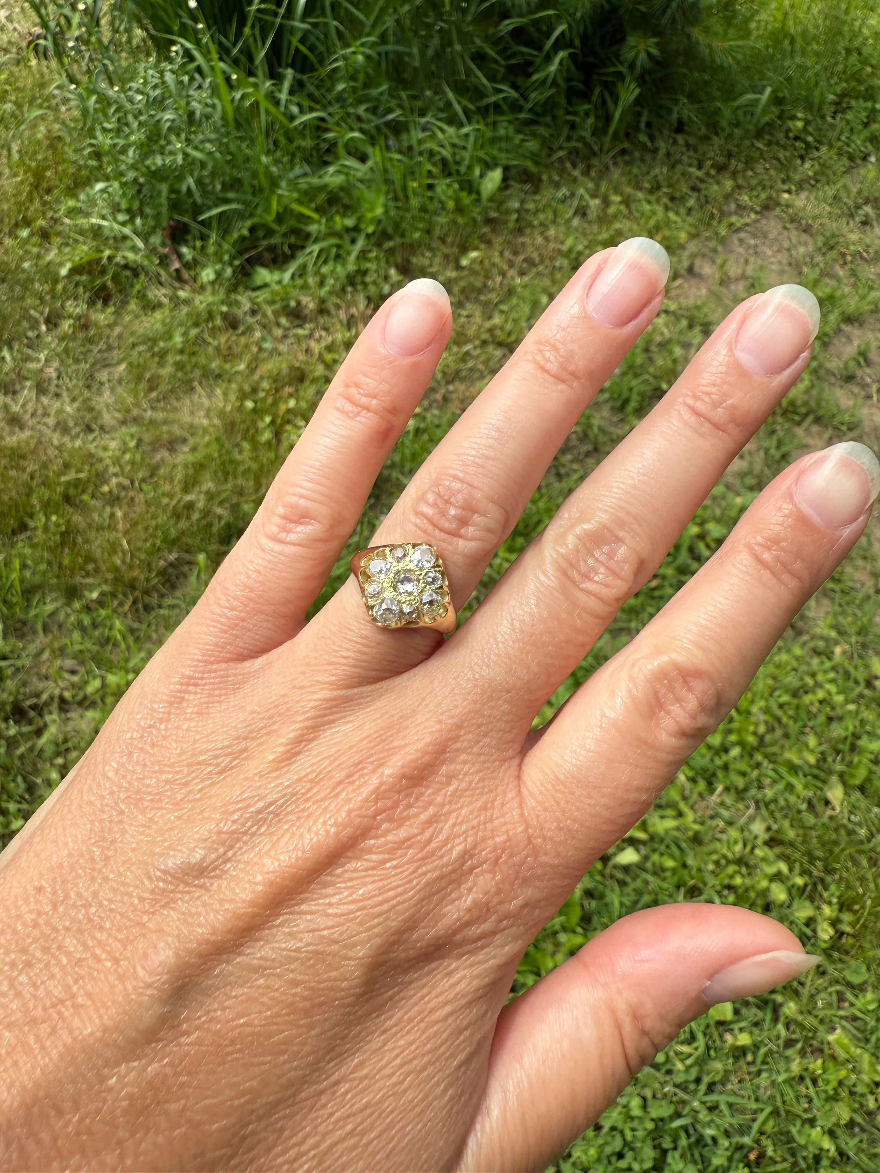 CHUNKY 1.2 Carat Old Mine Cut DIAMOND Cluster Ring 15k Gold Delicious Pale Yellow Nine Stone Cruciform Halo Belcher Buttercup 1.2Ctw OMC - Image 15
