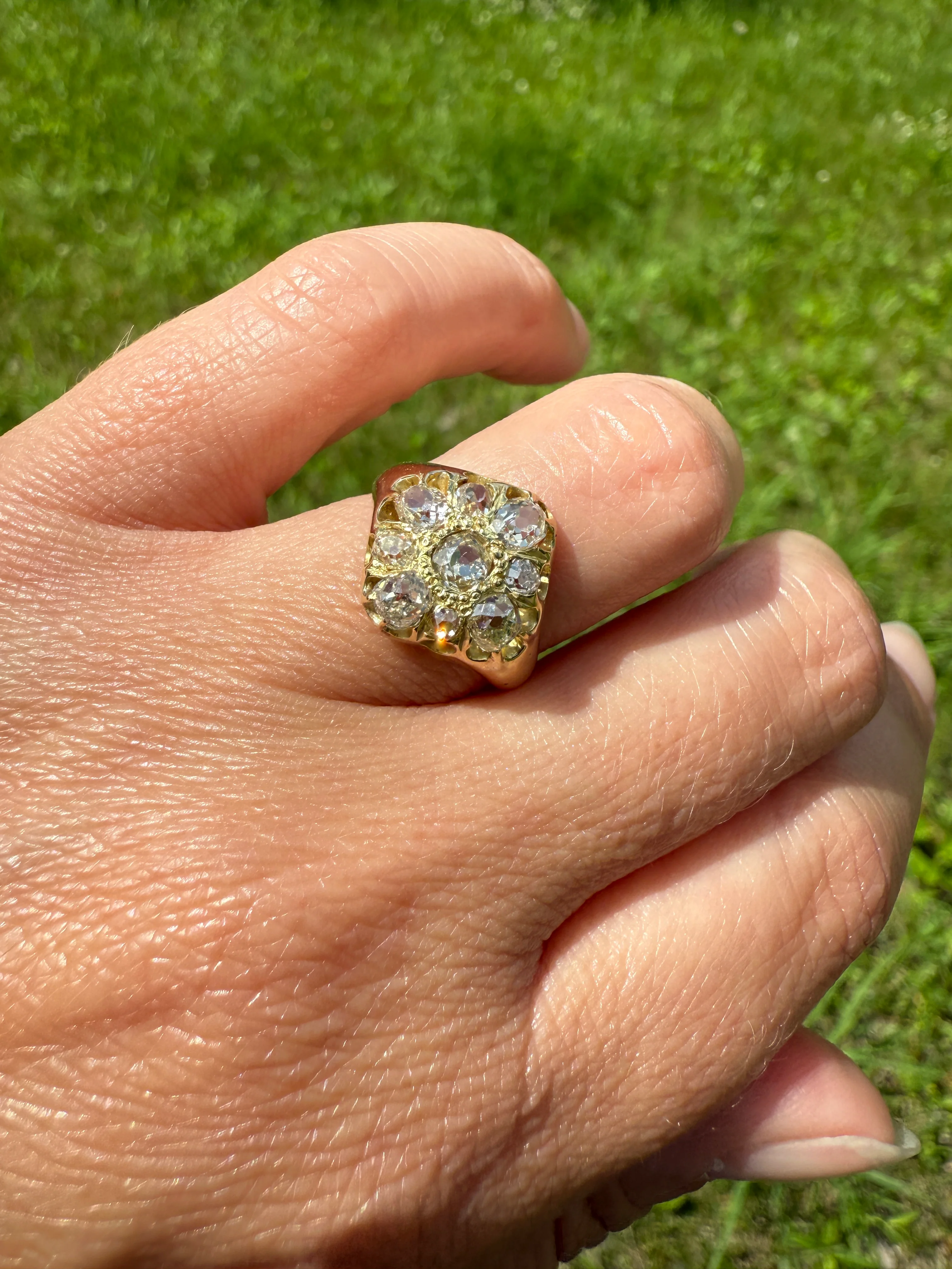CHUNKY 1.2 Carat Old Mine Cut DIAMOND Cluster Ring 15k Gold Delicious Pale Yellow Nine Stone Cruciform Halo Belcher Buttercup 1.2Ctw OMC - Image 16