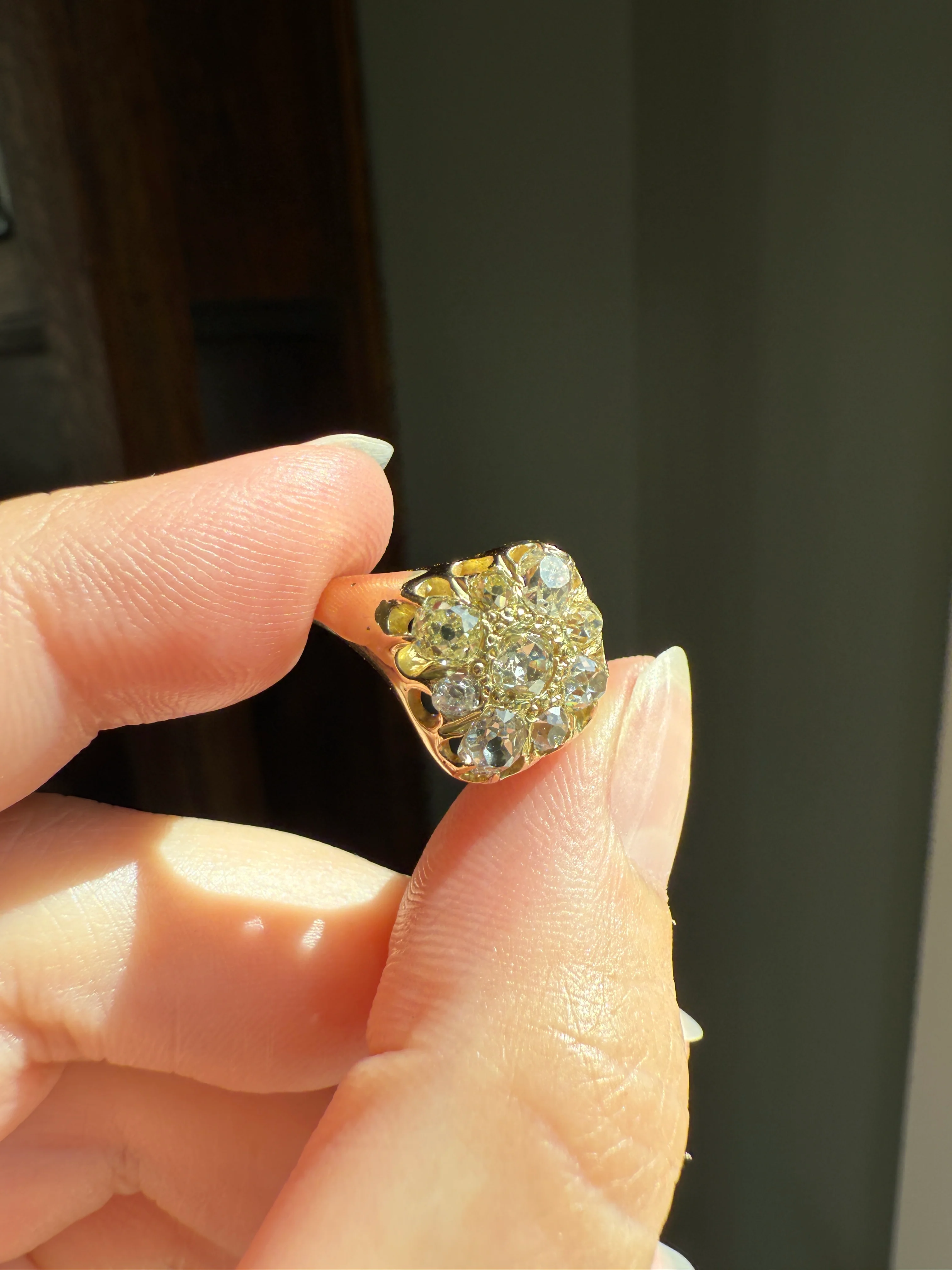 CHUNKY 1.2 Carat Old Mine Cut DIAMOND Cluster Ring 15k Gold Delicious Pale Yellow Nine Stone Cruciform Halo Belcher Buttercup 1.2Ctw OMC - Image 17