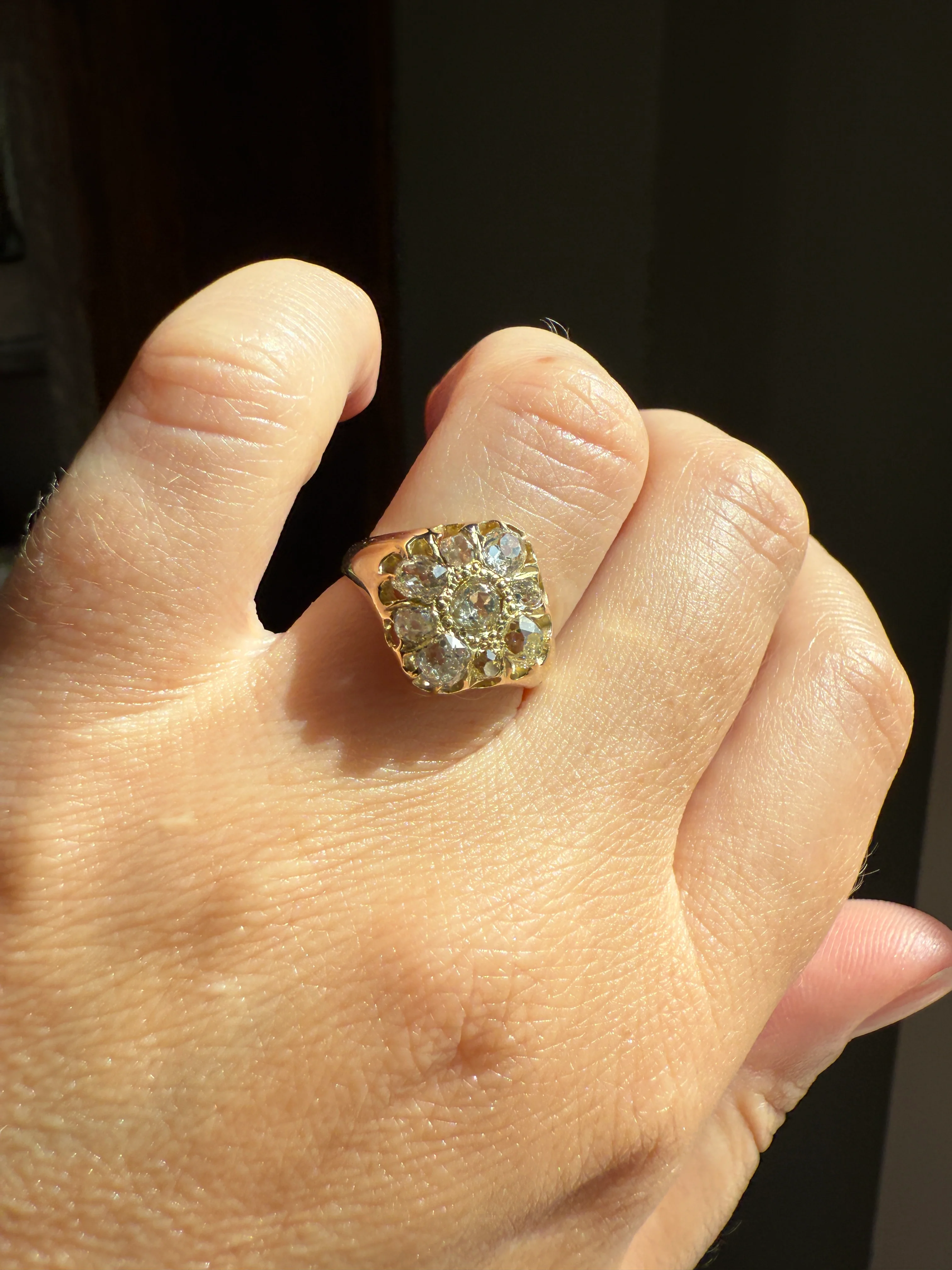 CHUNKY 1.2 Carat Old Mine Cut DIAMOND Cluster Ring 15k Gold Delicious Pale Yellow Nine Stone Cruciform Halo Belcher Buttercup 1.2Ctw OMC - Image 19