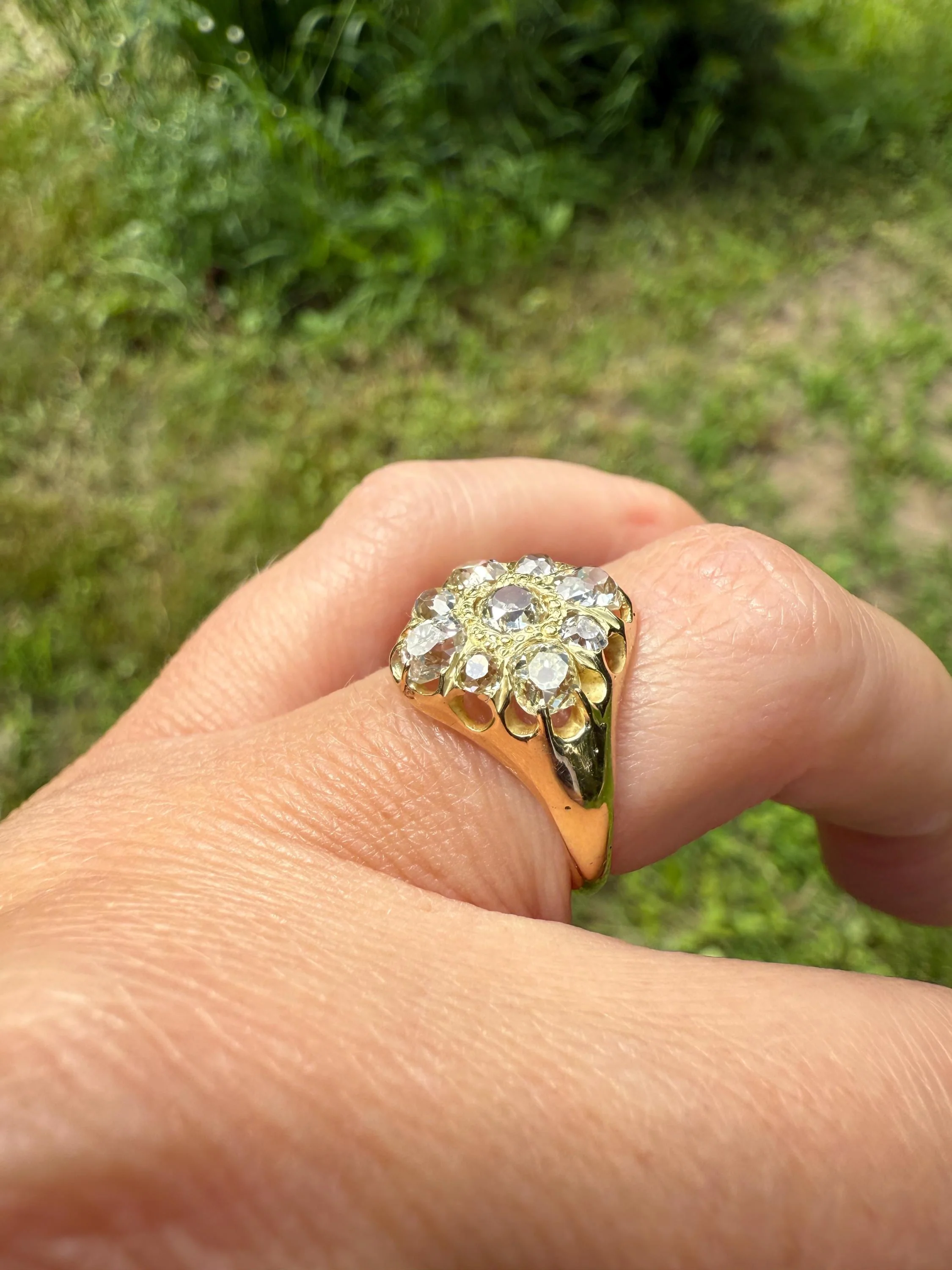 CHUNKY 1.2 Carat Old Mine Cut DIAMOND Cluster Ring 15k Gold Delicious Pale Yellow Nine Stone Cruciform Halo Belcher Buttercup 1.2Ctw OMC - Image 2