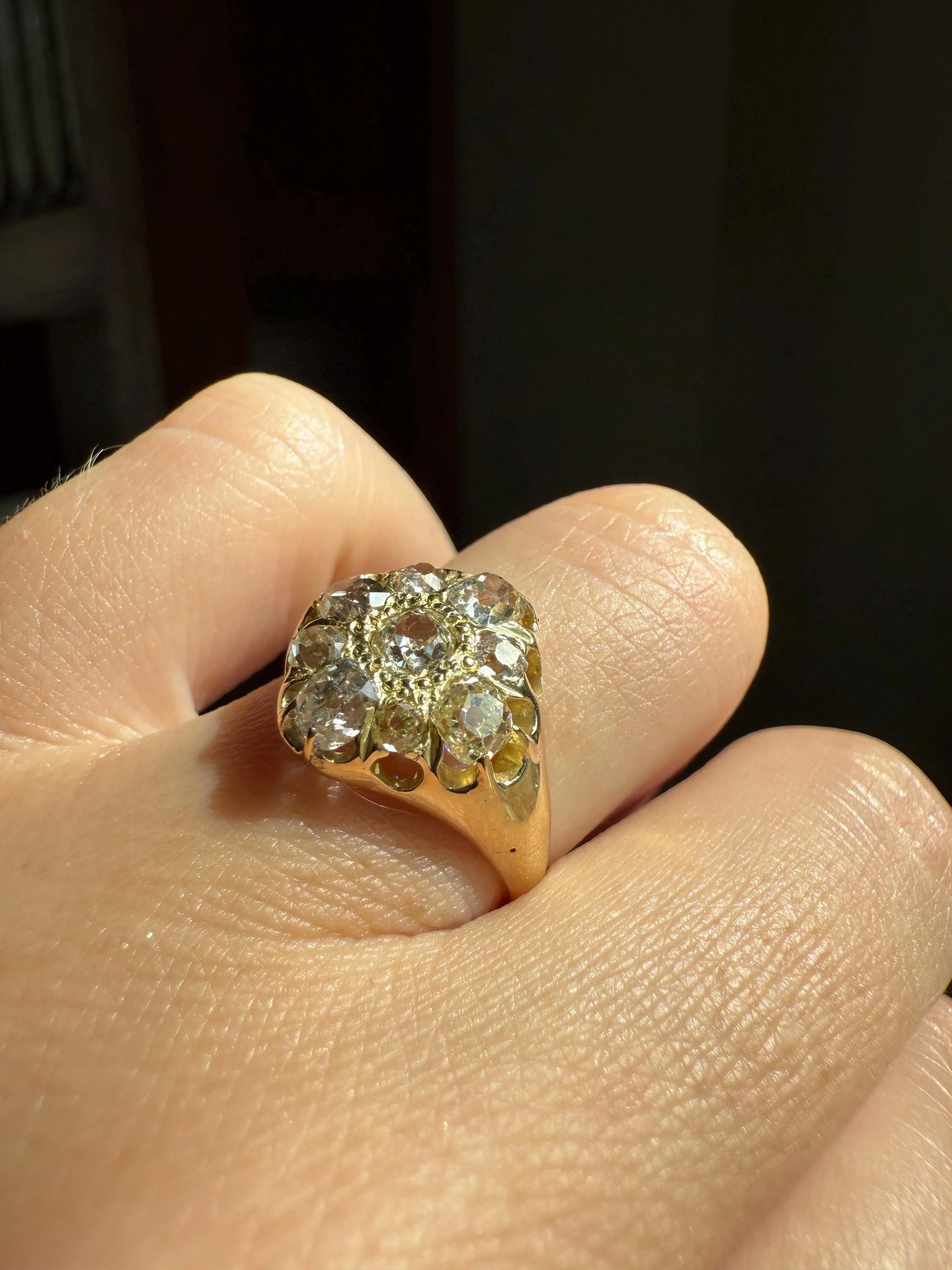 CHUNKY 1.2 Carat Old Mine Cut DIAMOND Cluster Ring 15k Gold Delicious Pale Yellow Nine Stone Cruciform Halo Belcher Buttercup 1.2Ctw OMC - Image 5