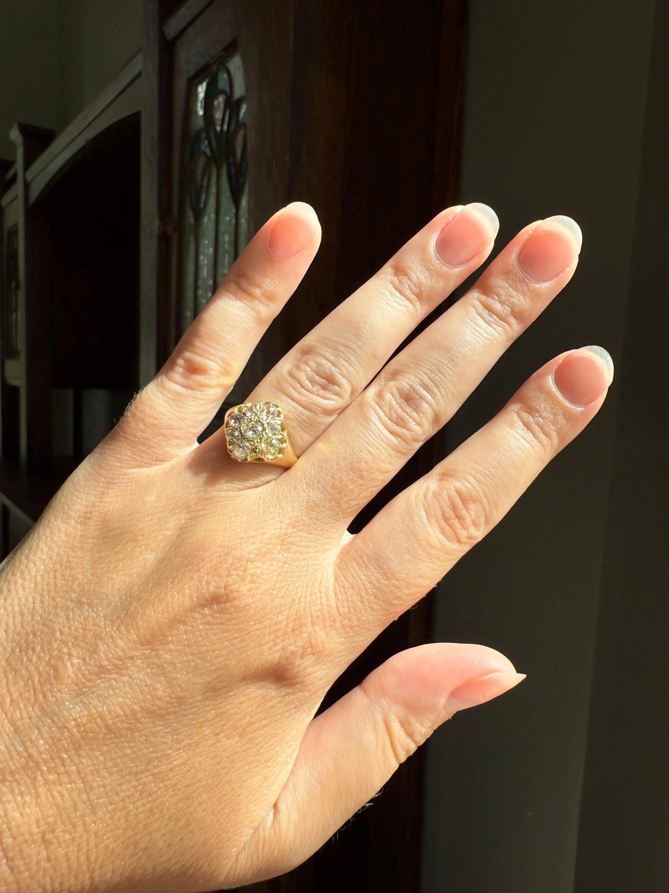 CHUNKY 1.2 Carat Old Mine Cut DIAMOND Cluster Ring 15k Gold Delicious Pale Yellow Nine Stone Cruciform Halo Belcher Buttercup 1.2Ctw OMC - Image 6