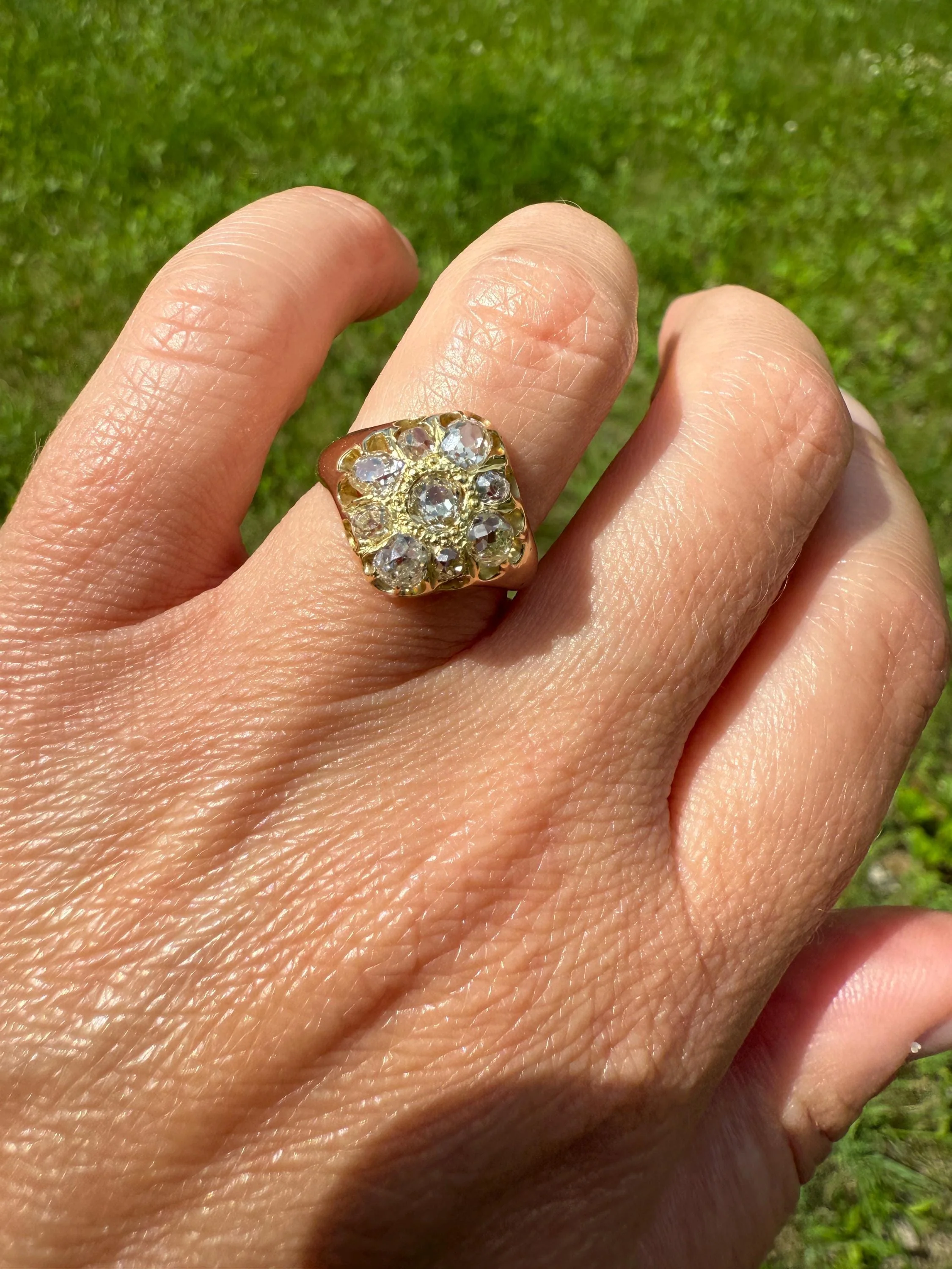 CHUNKY 1.2 Carat Old Mine Cut DIAMOND Cluster Ring 15k Gold Delicious Pale Yellow Nine Stone Cruciform Halo Belcher Buttercup 1.2Ctw OMC - Image 7