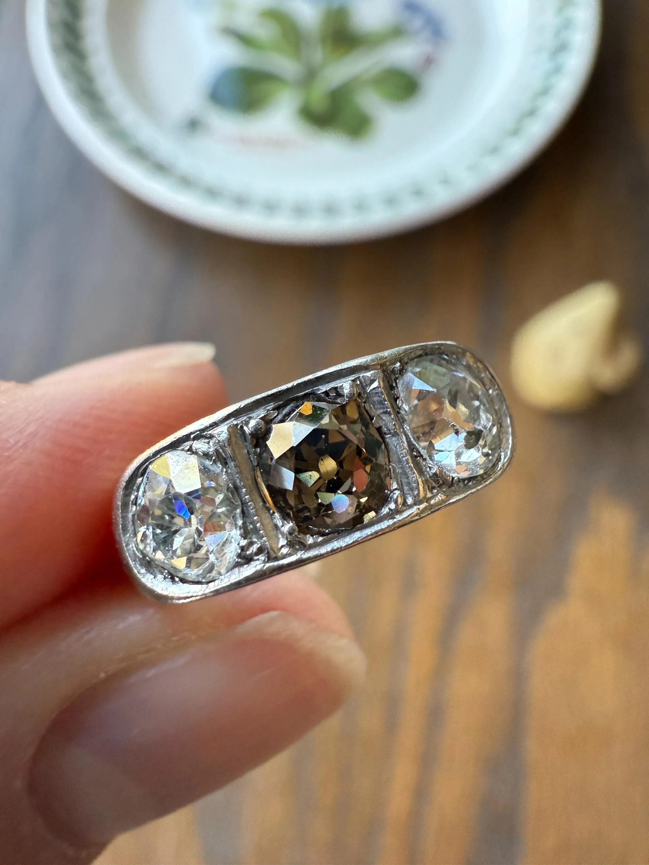 Chunky 1.65 Carat Antique Three Stone Old Mine Cut Diamond Chocolate Cognac Wide Band 18k Gold French Ring Belle Epoque Stacker